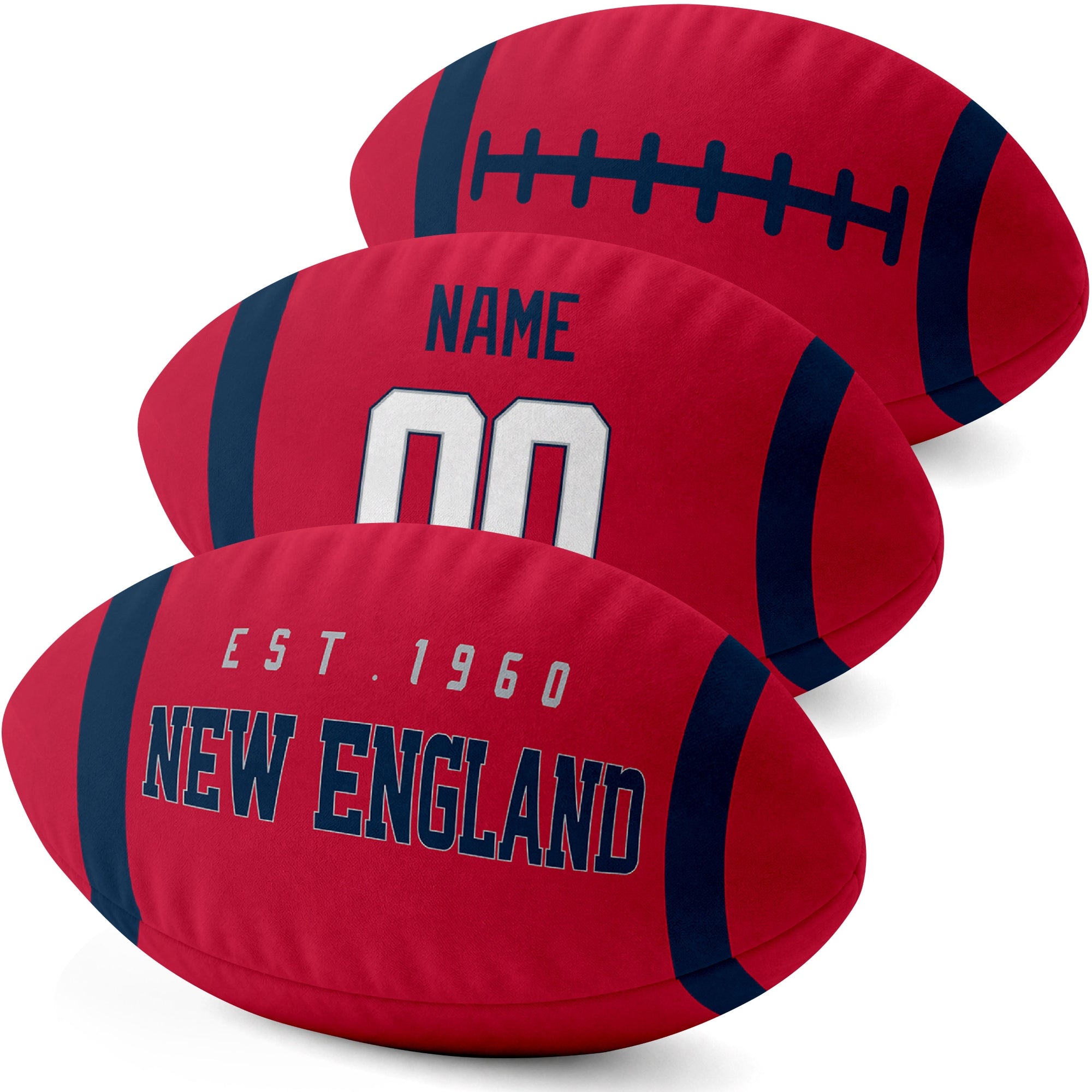 New England personalized football pillow three color display highlighting the oval shape and contrasting end stripes