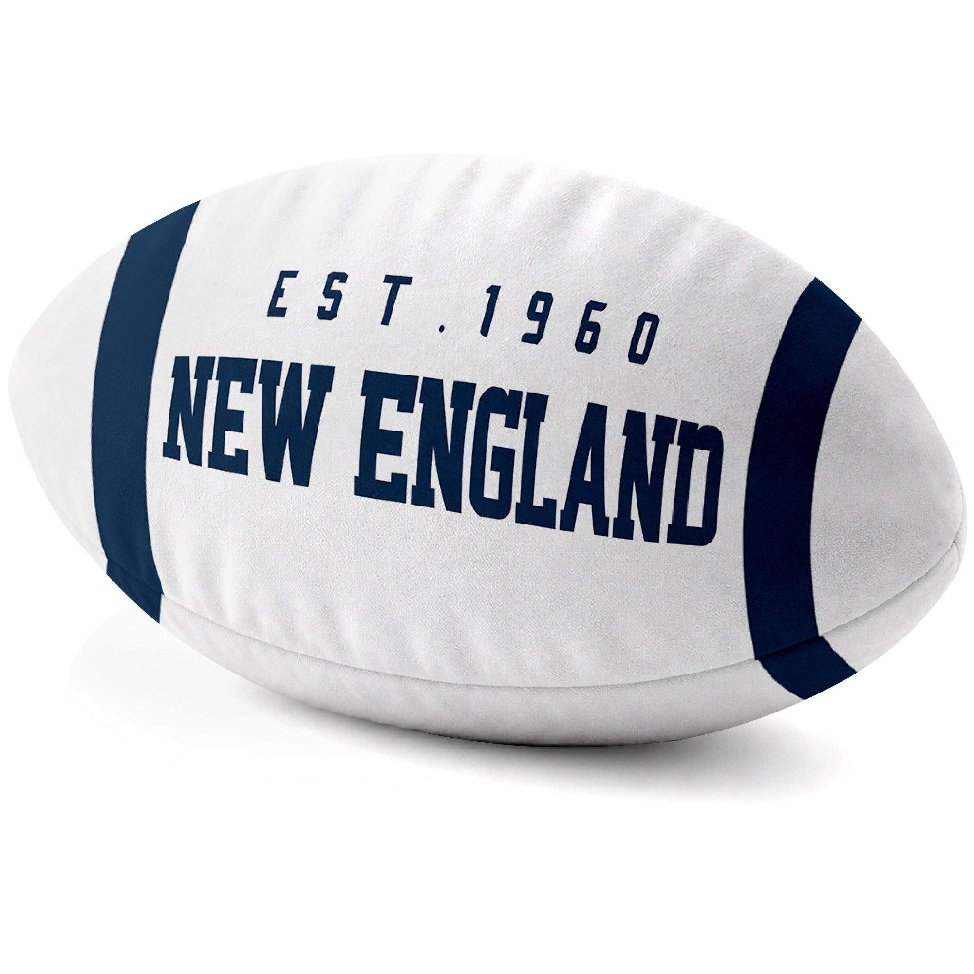 New England White football shaped pillow city lettering side view
