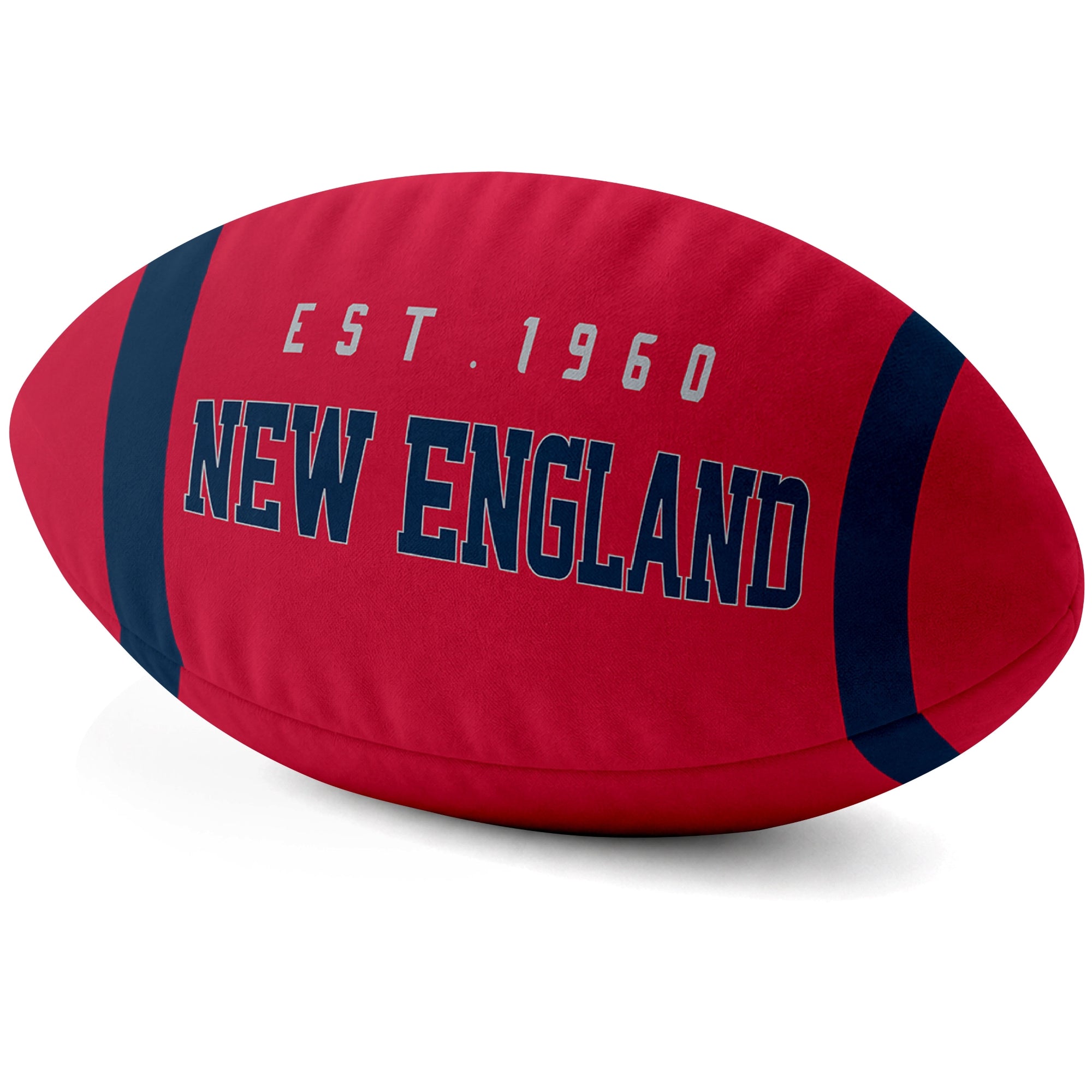 New England Red football shaped pillow city lettering side view