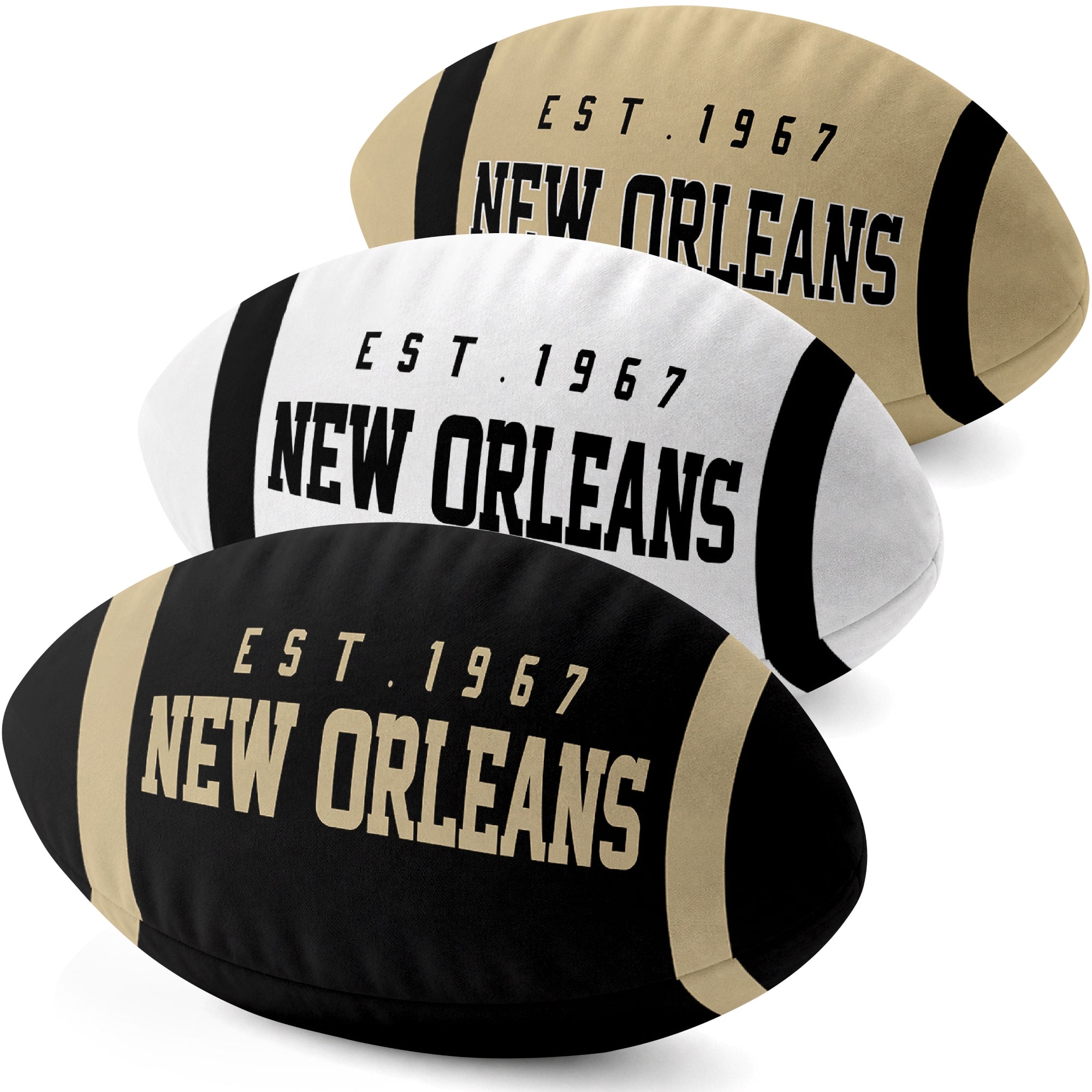 New Orleans personalized football shaped pillow collection in Black, White and Gold with city lettering