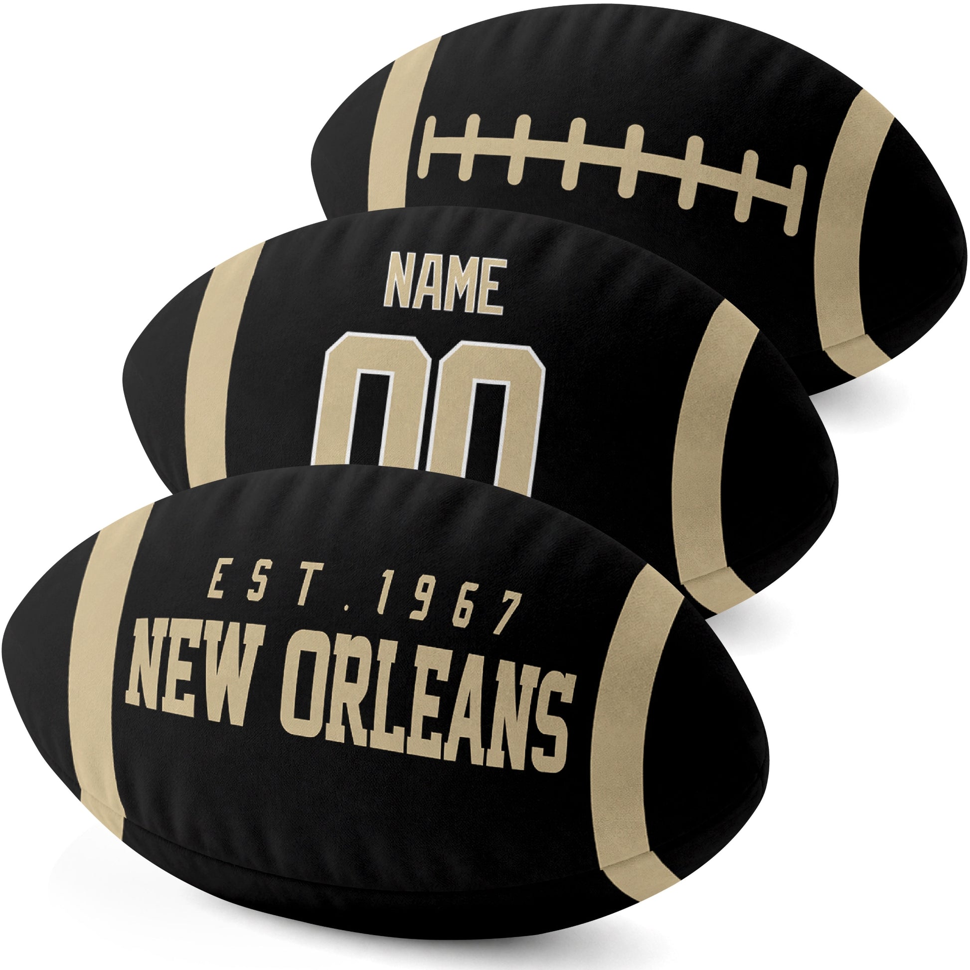 New Orleans personalized football shaped pillow three color angle display with city side custom name number side and lace detail