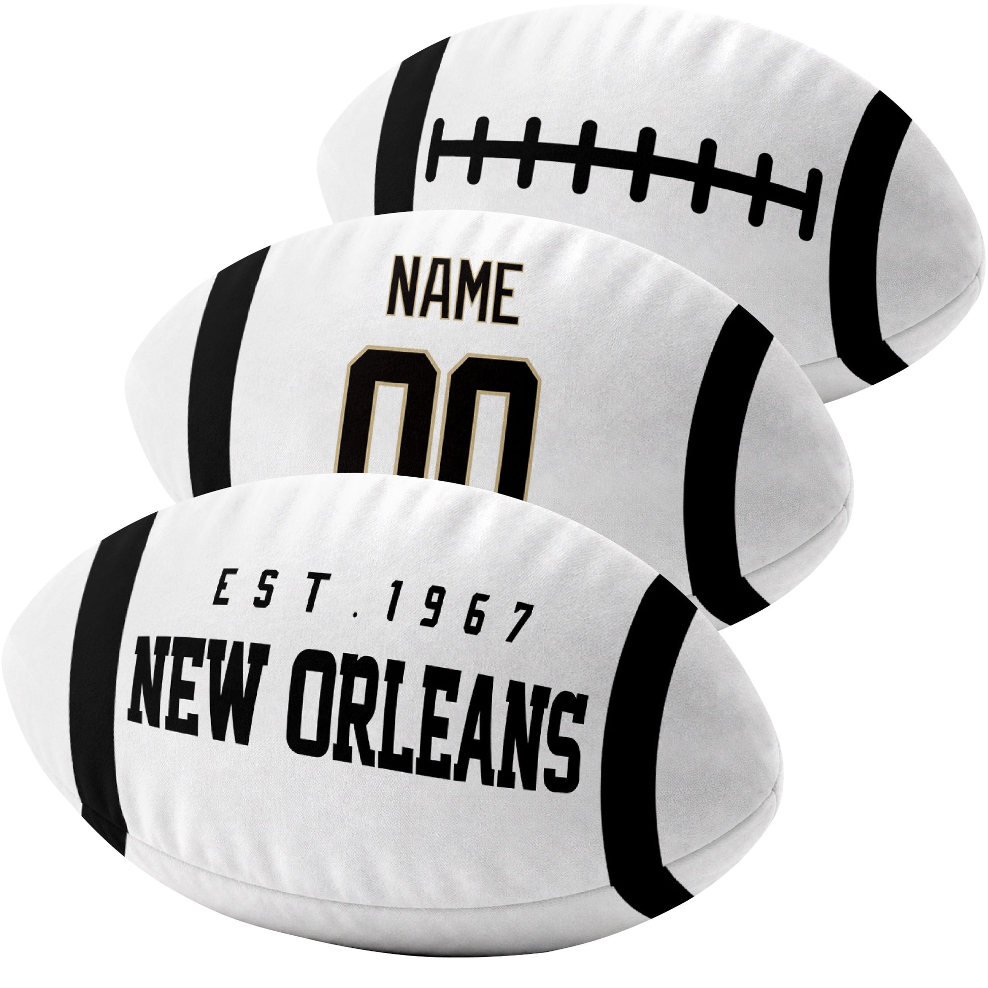 New Orleans custom football pillow multi angle comparison in Black, White and Gold