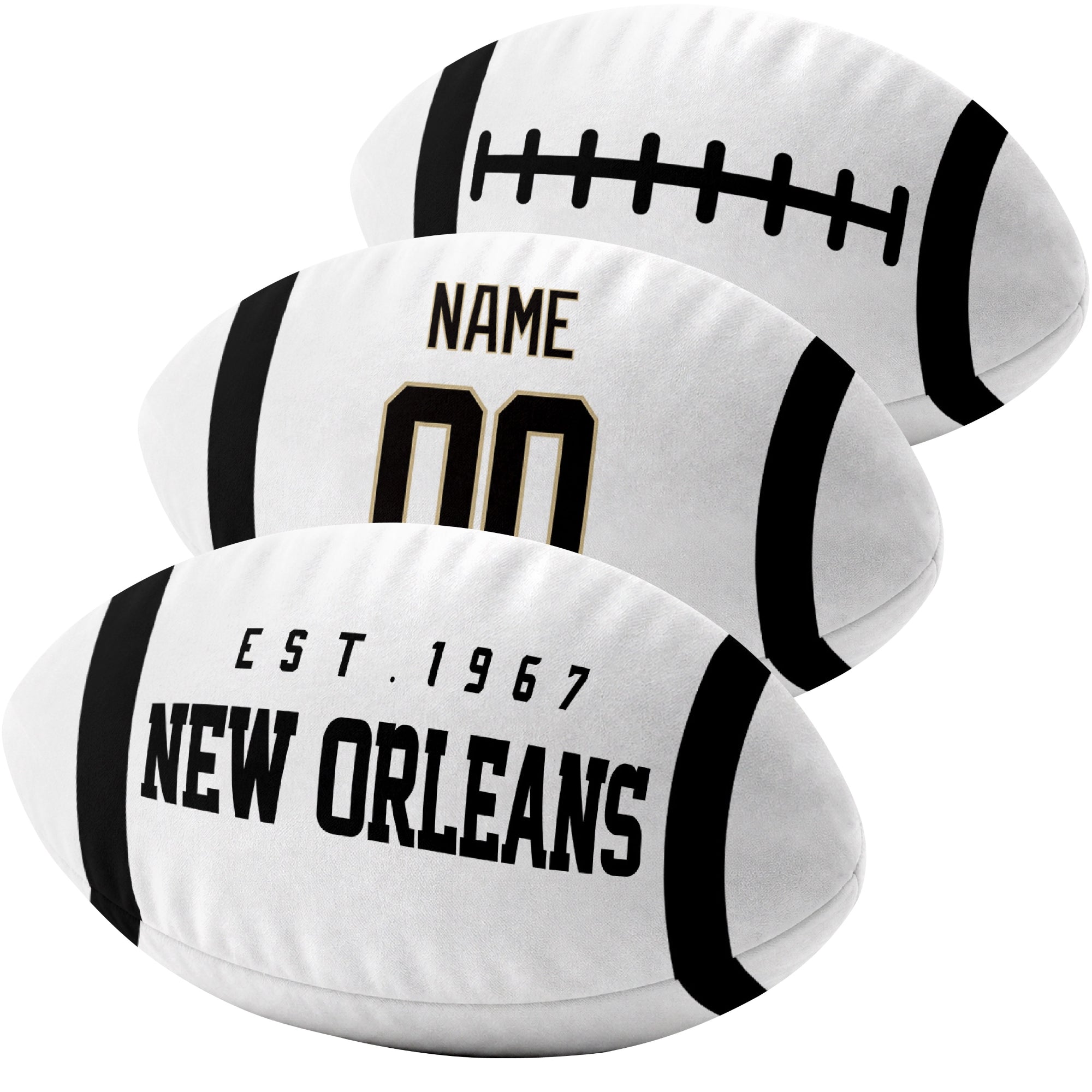 New Orleans custom football pillow multi angle comparison in Black, White and Gold