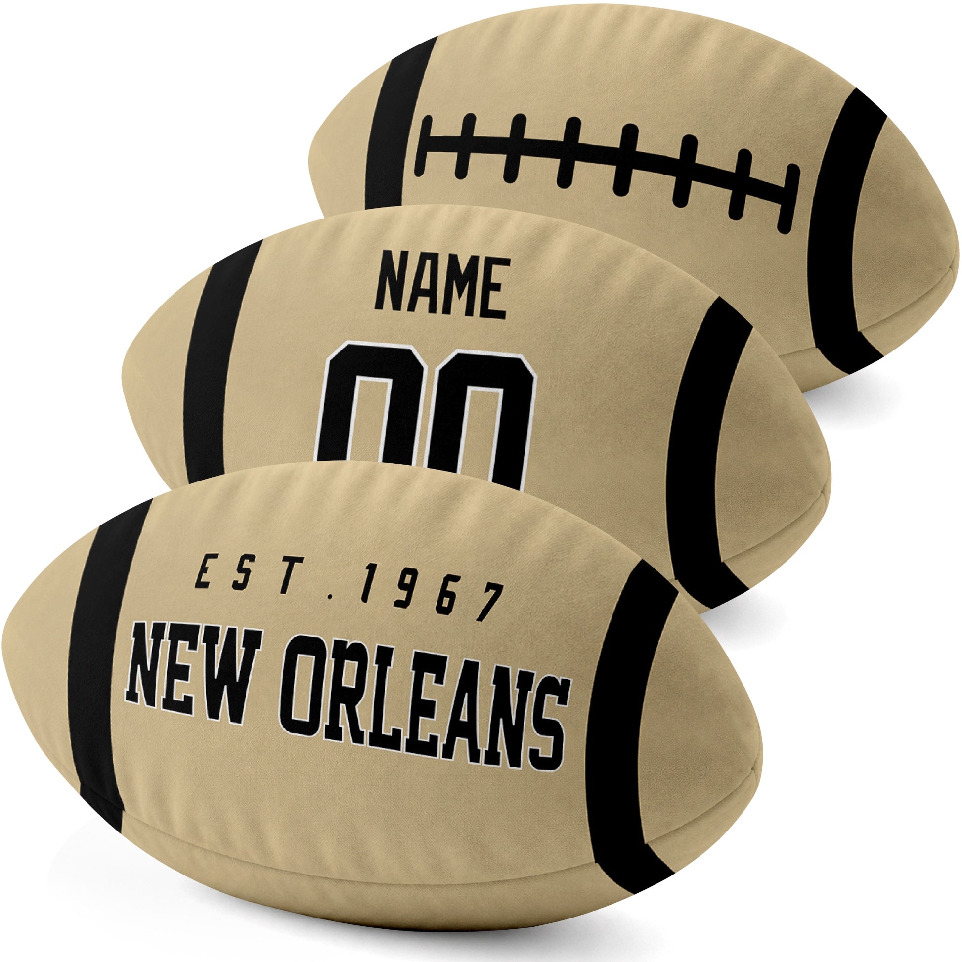 New Orleans personalized football pillow three color display highlighting the oval shape and contrasting end stripes