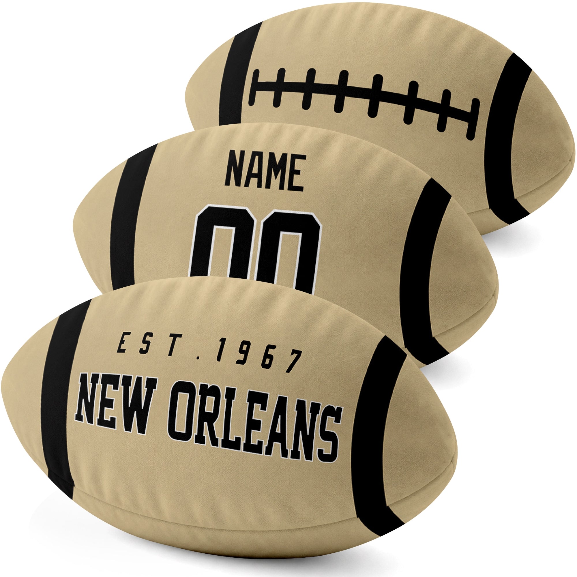 New Orleans personalized football pillow three color display highlighting the oval shape and contrasting end stripes
