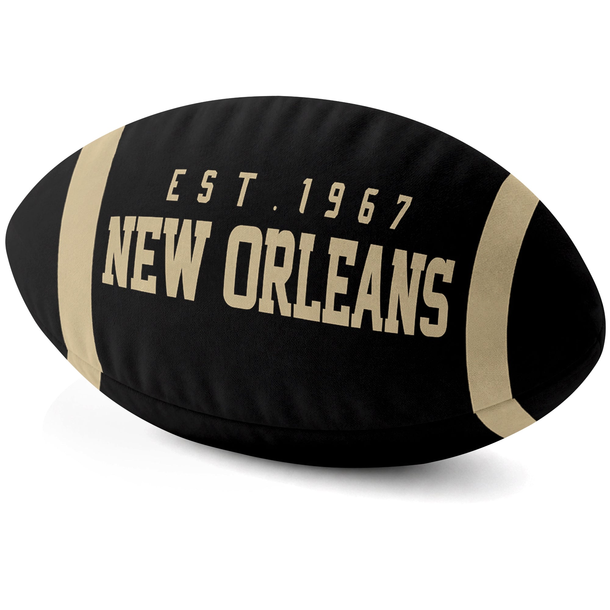 New Orleans Black football shaped pillow city lettering side view