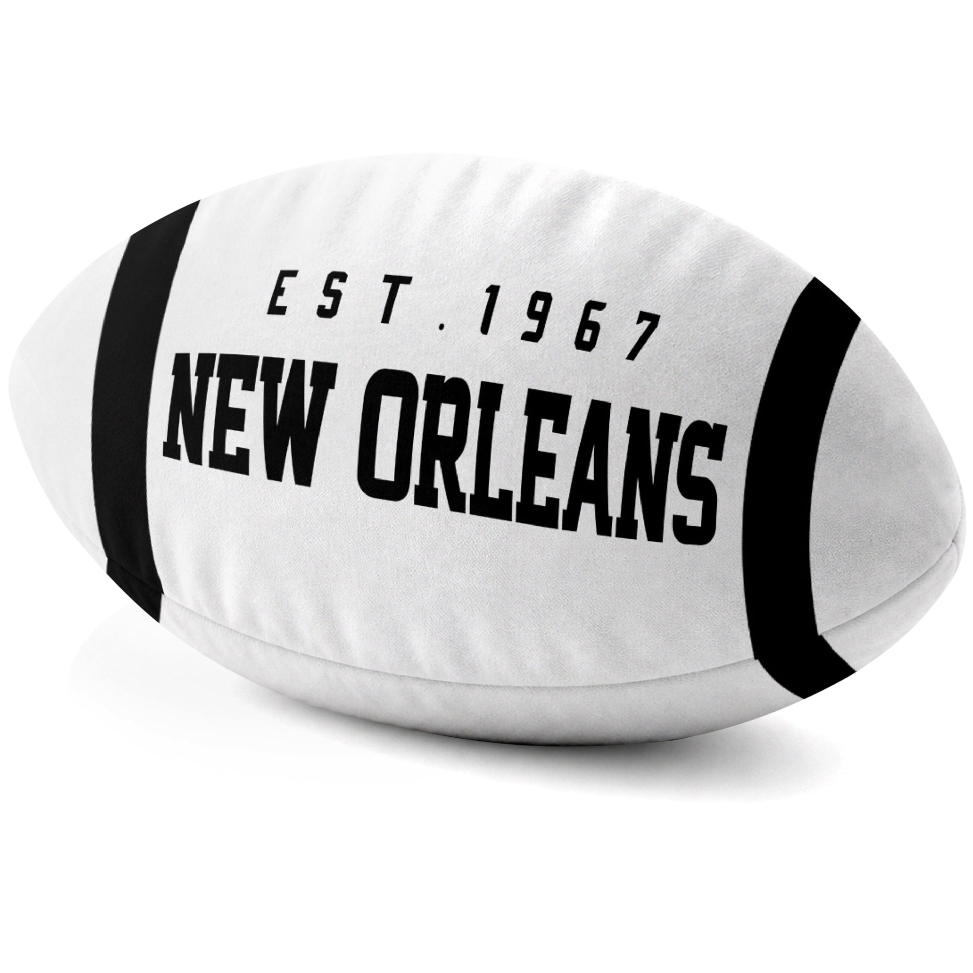 New Orleans White football shaped pillow city lettering side view