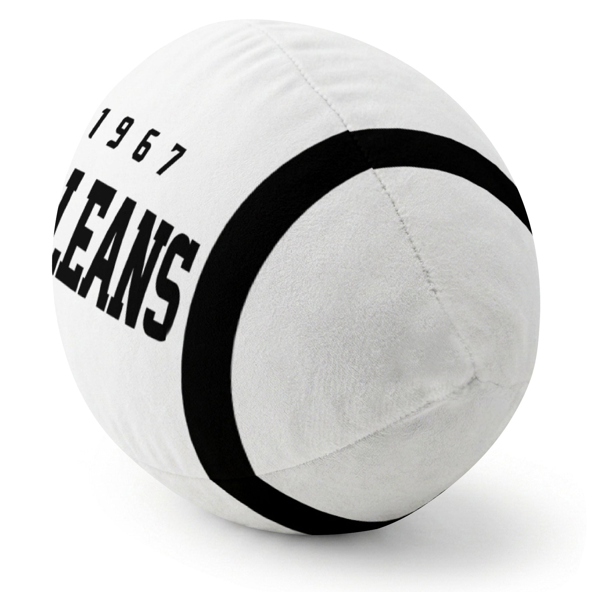 New Orleans White football pillow rounded end and seam angle view