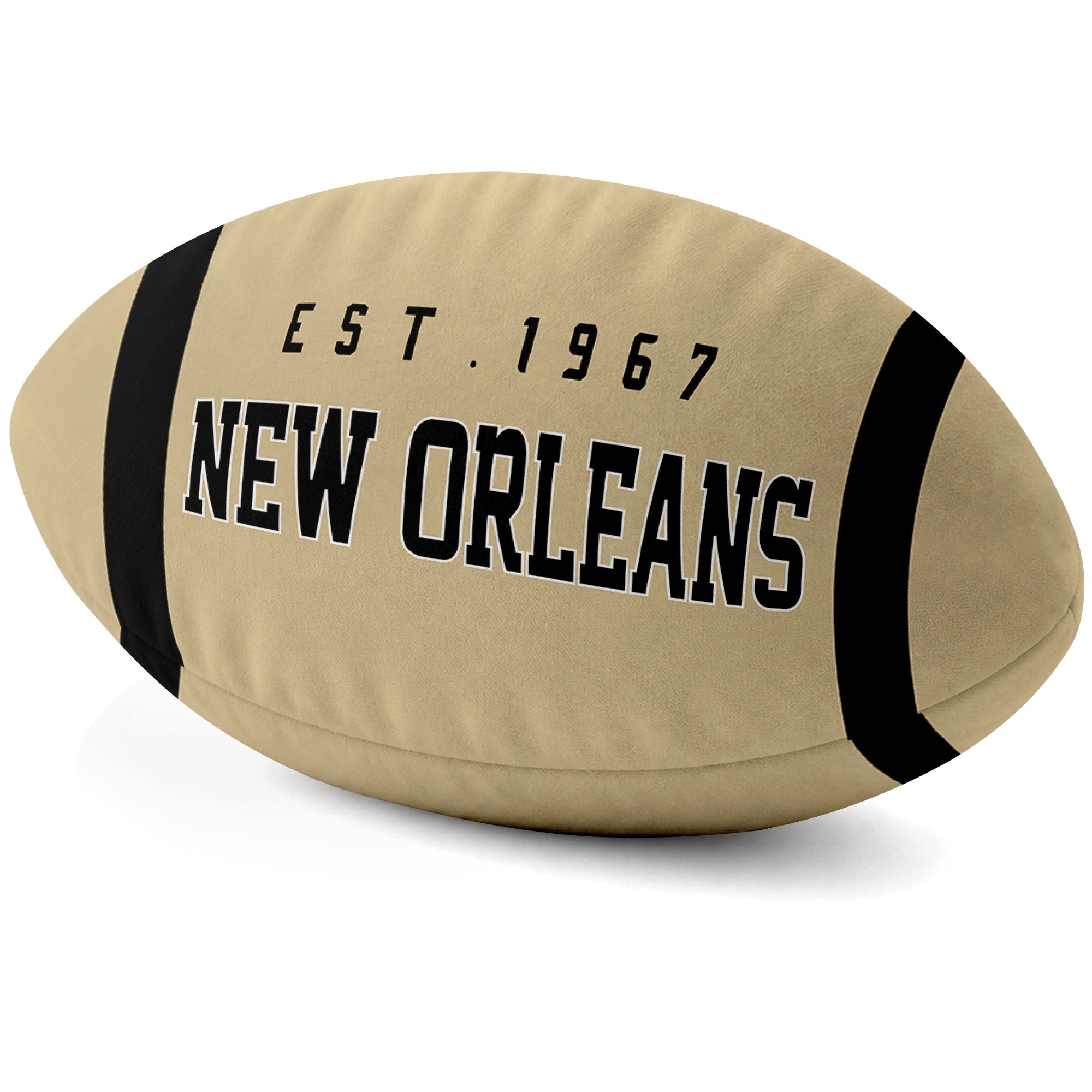 New Orleans Gold football shaped pillow city lettering side view