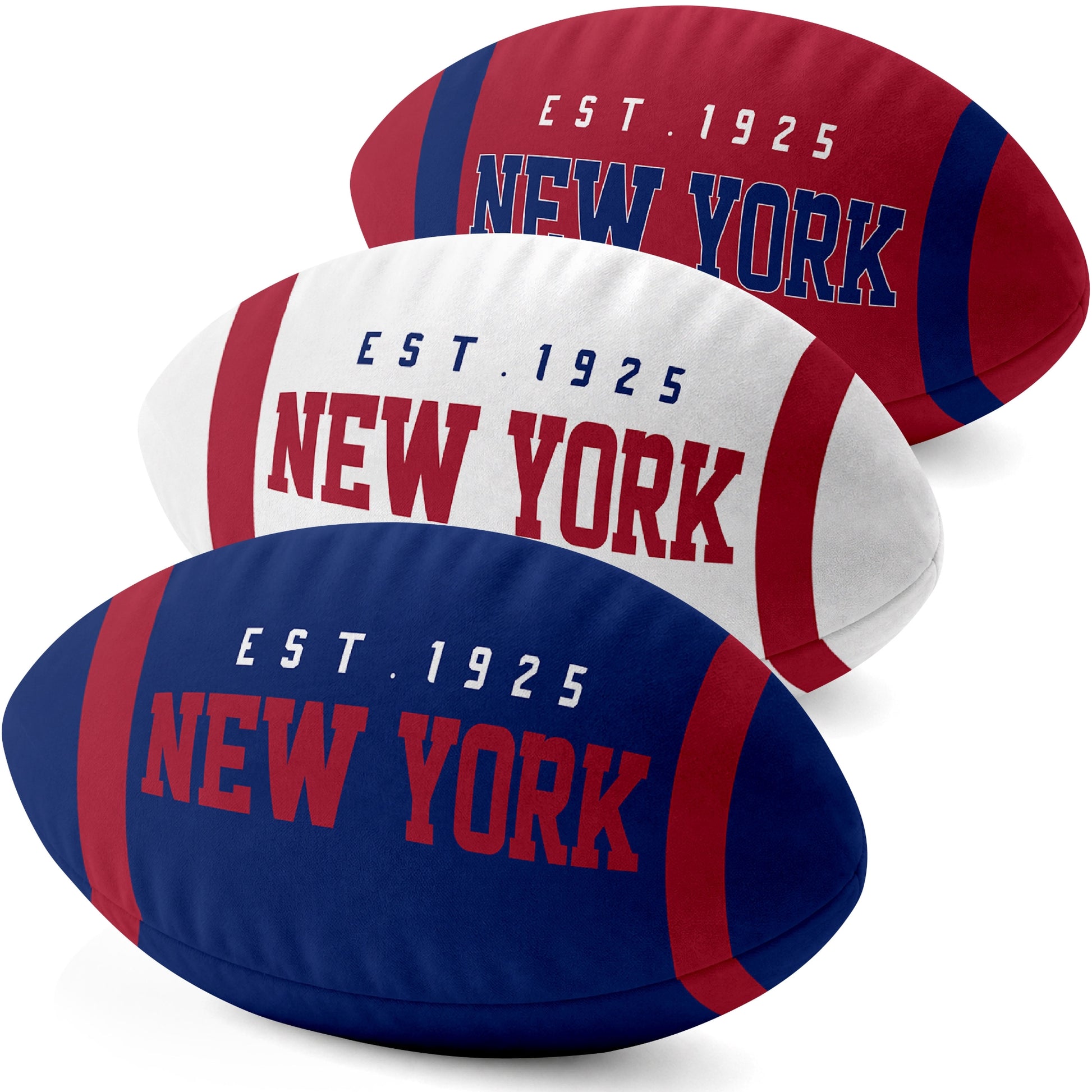 New York Blue personalized football shaped pillow collection in Royal, White and Red with city lettering