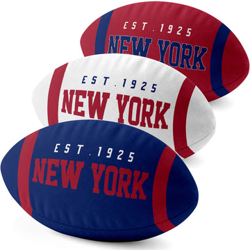 New York Blue personalized football shaped pillow collection in Royal, White and Red with city lettering