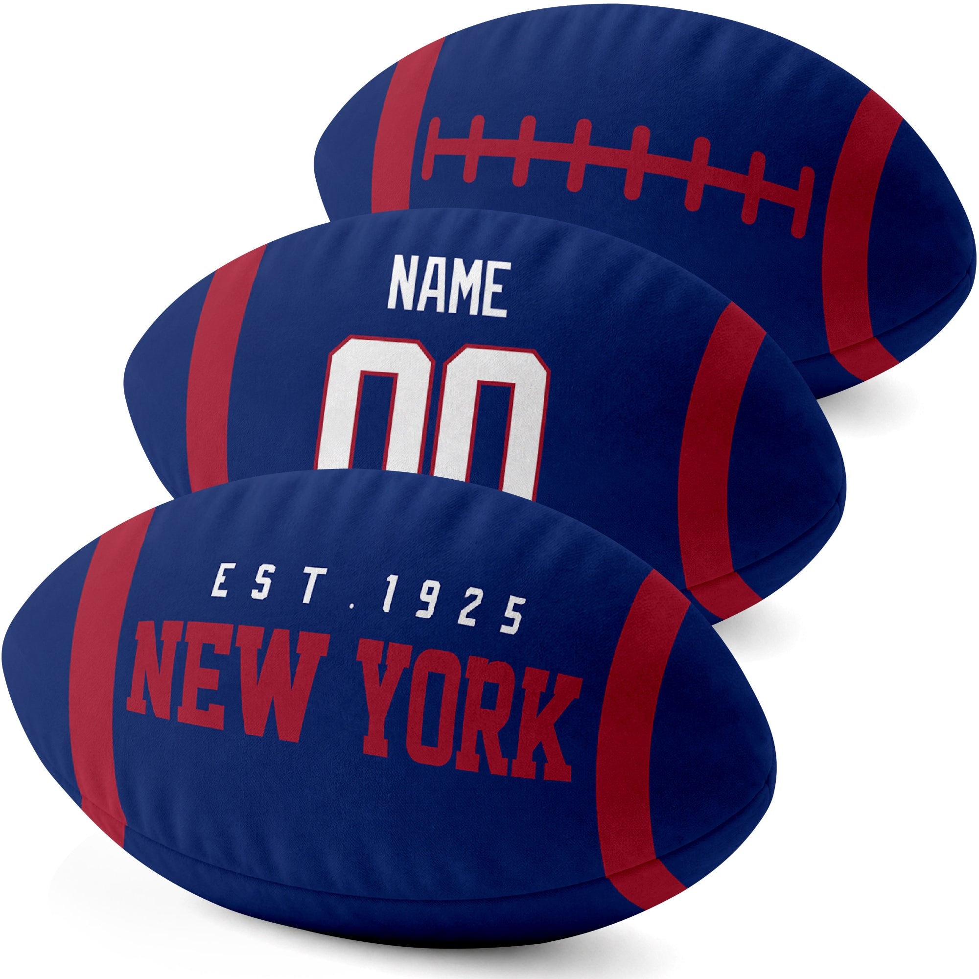 New York Blue personalized football shaped pillow three color angle display with city side custom name number side and lace detail