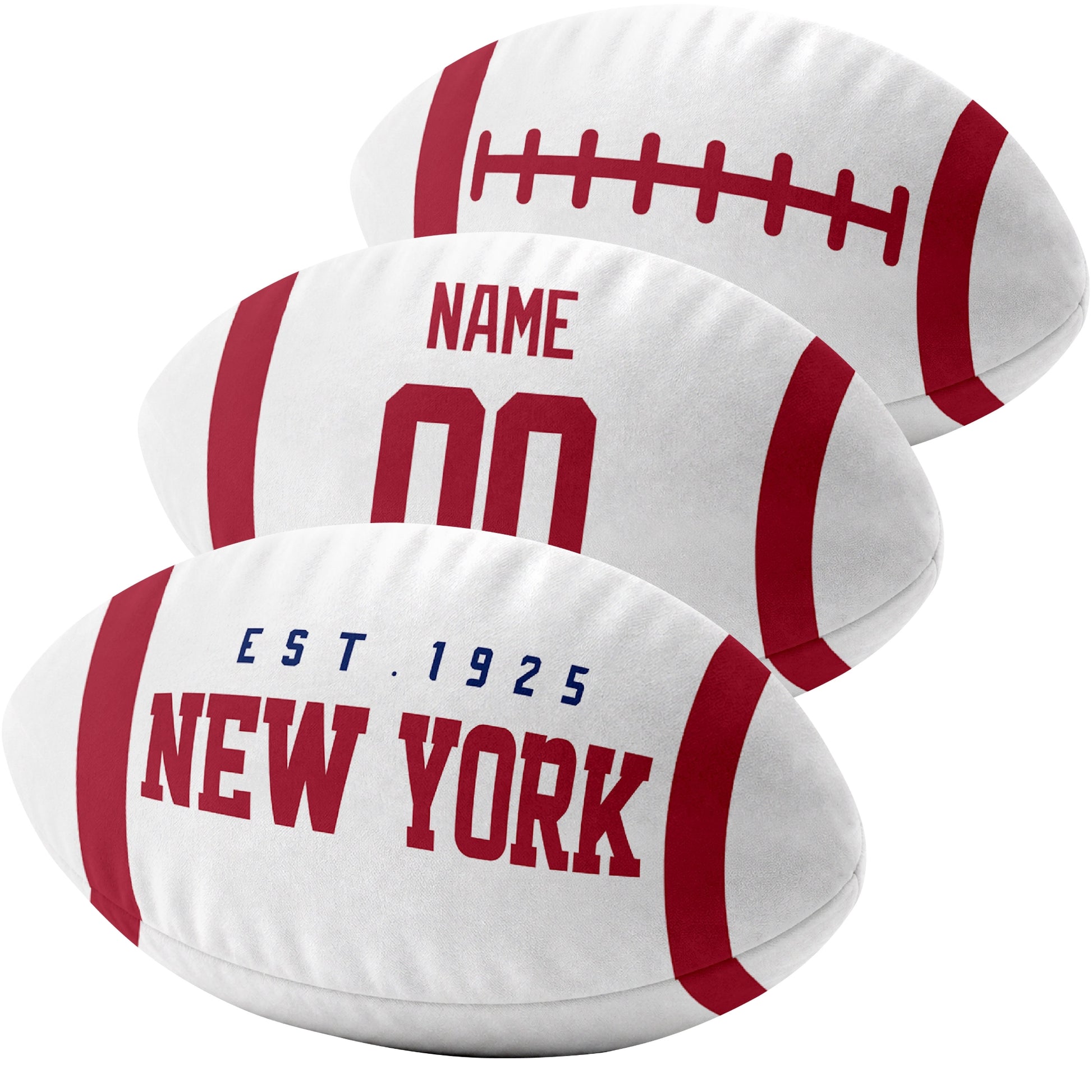 New York Blue custom football pillow multi angle comparison in Royal, White and Red