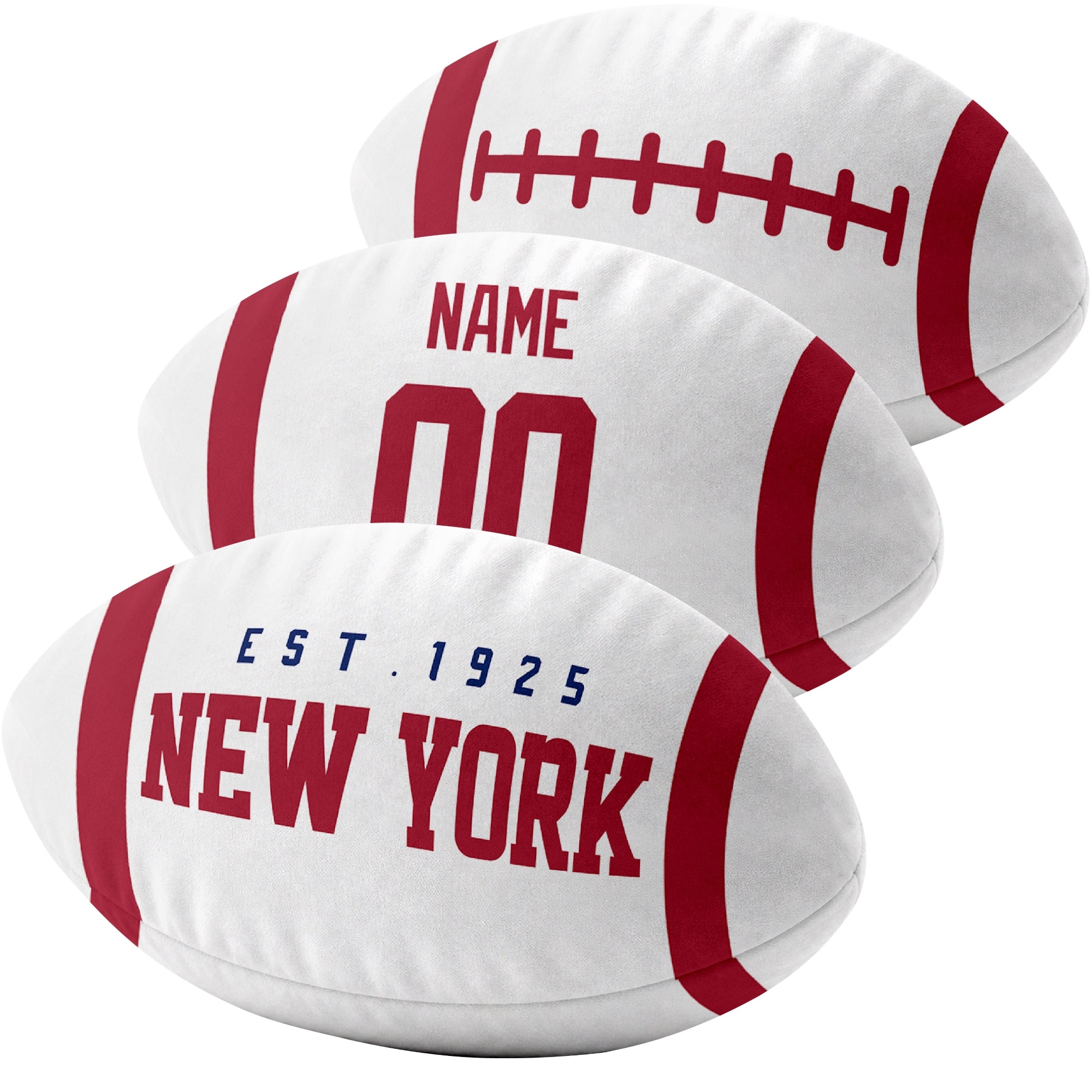 New York Blue custom football pillow multi angle comparison in Royal, White and Red
