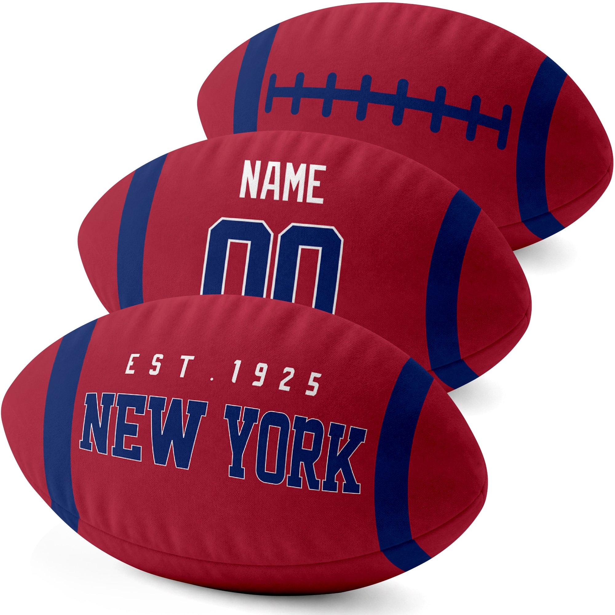 New York Blue personalized football pillow three color display highlighting the oval shape and contrasting end stripes