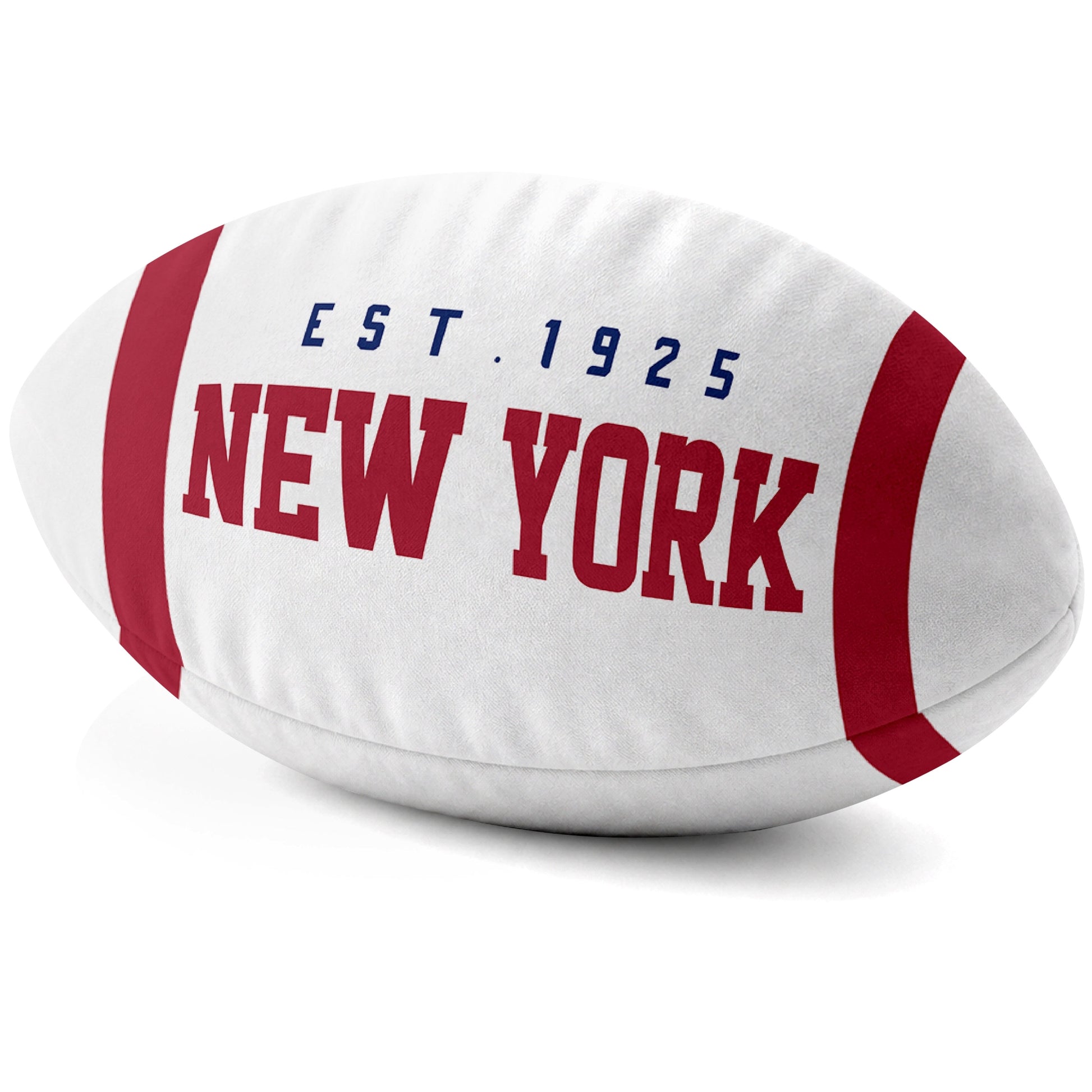 New York Blue White football shaped pillow city lettering side view