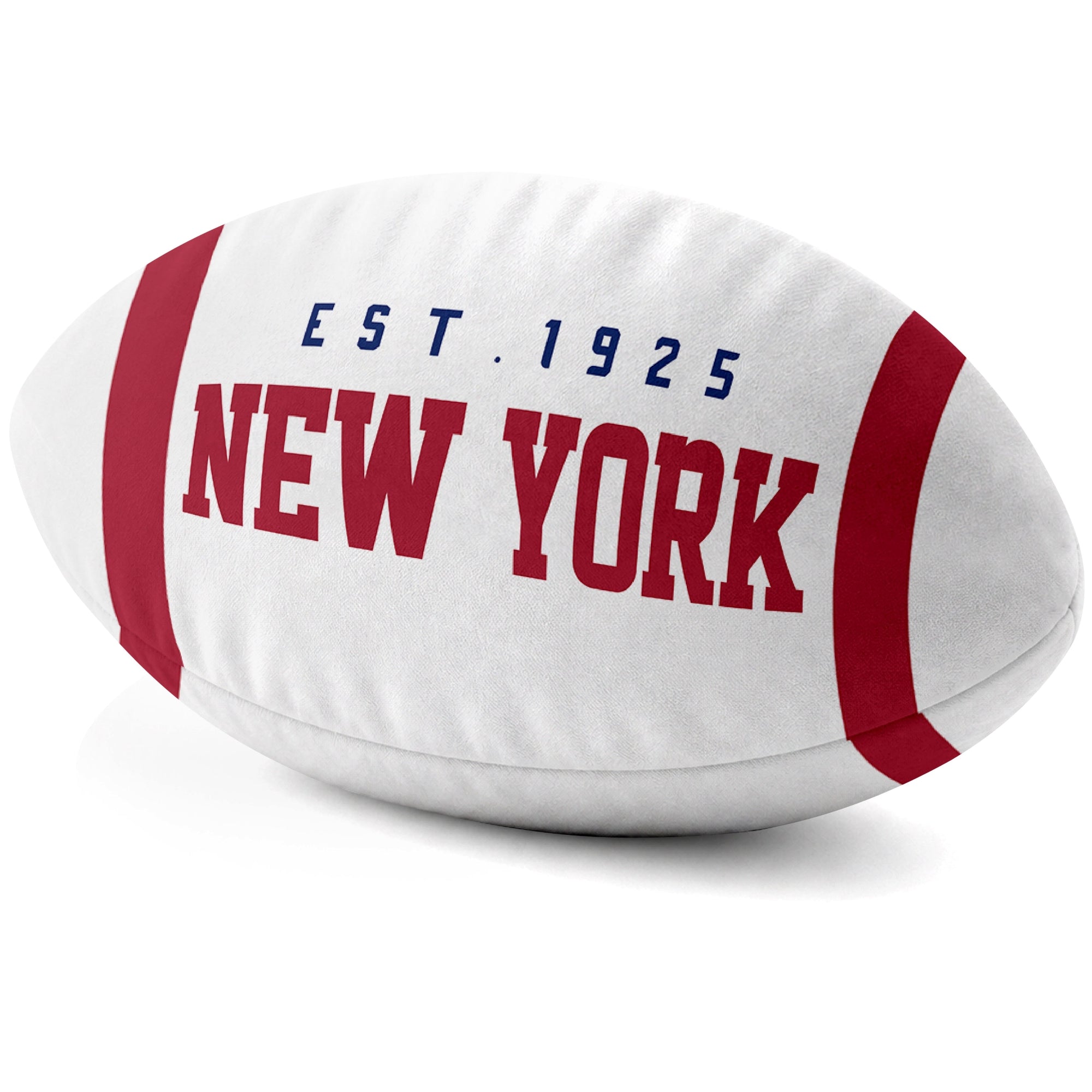 New York Blue White football shaped pillow city lettering side view