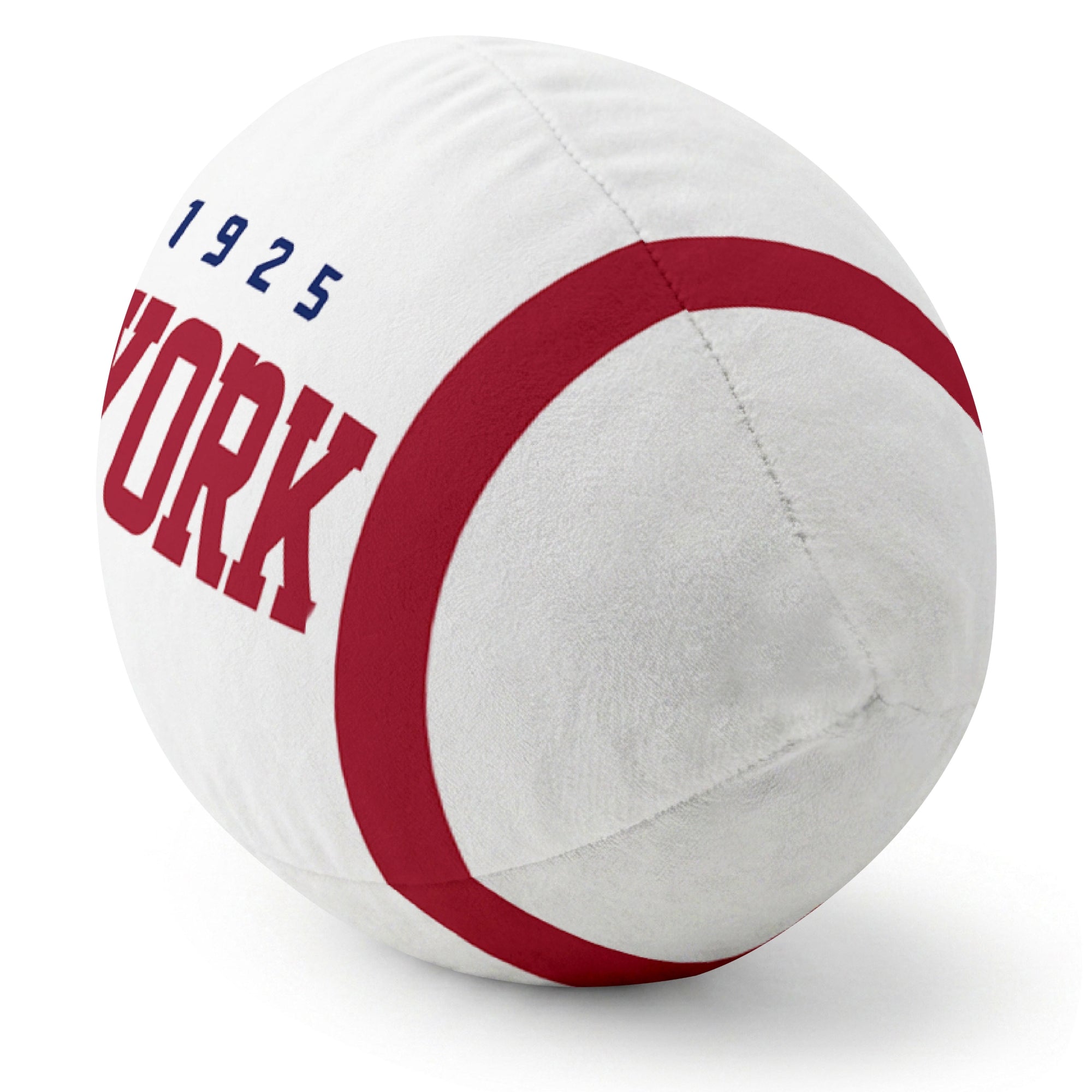 New York Blue White football pillow rounded end and seam angle view