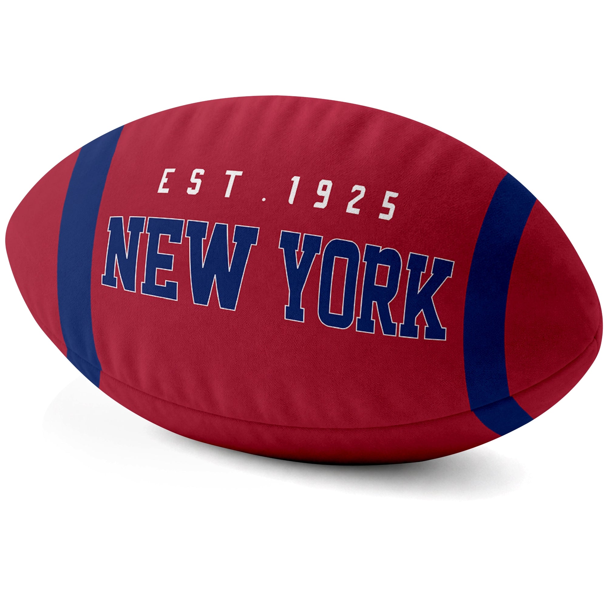 New York Blue Red football shaped pillow city lettering side view