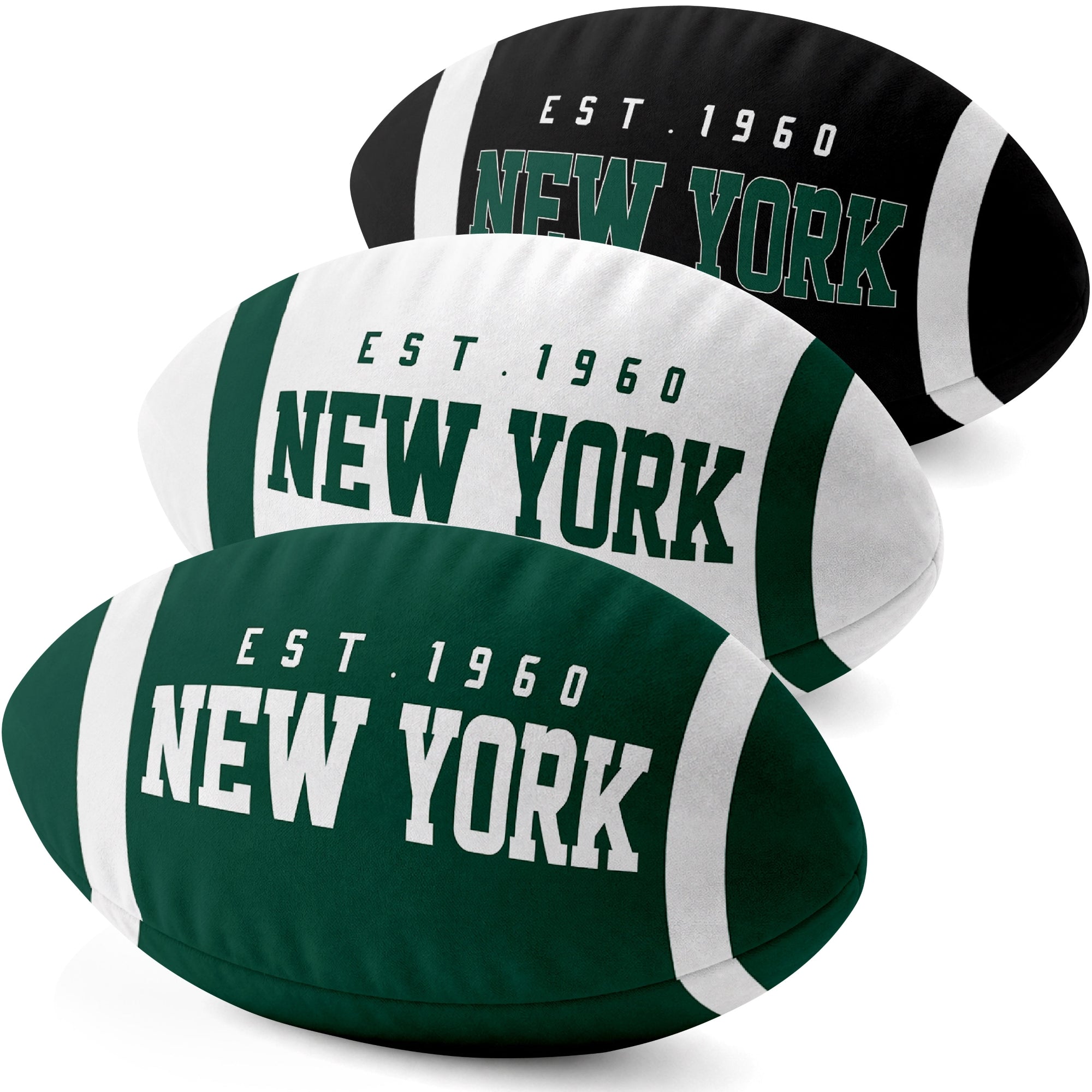 New York Green personalized football shaped pillow collection in Green, White and Black with city lettering