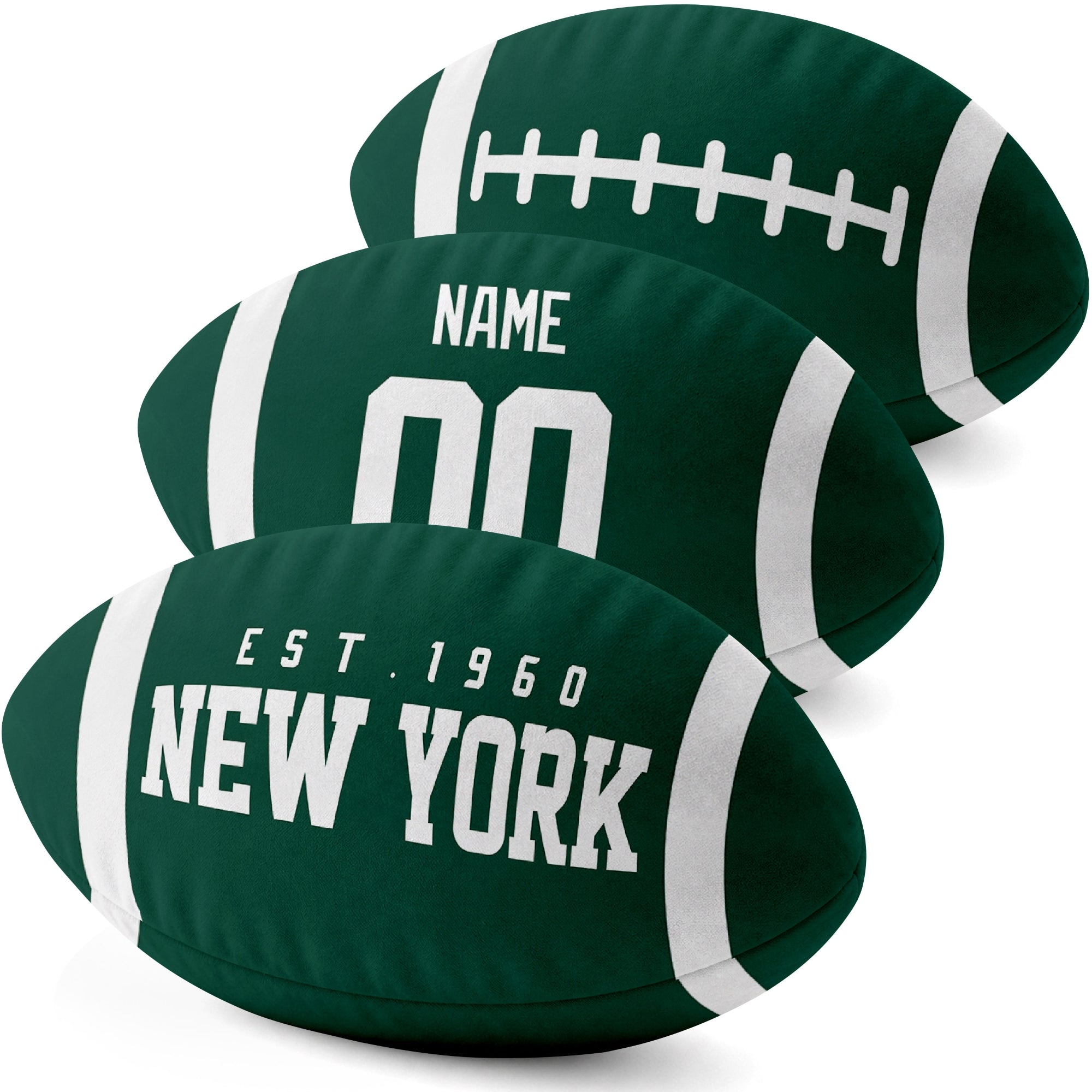 New York Green personalized football shaped pillow three color angle display with city side custom name number side and lace detail
