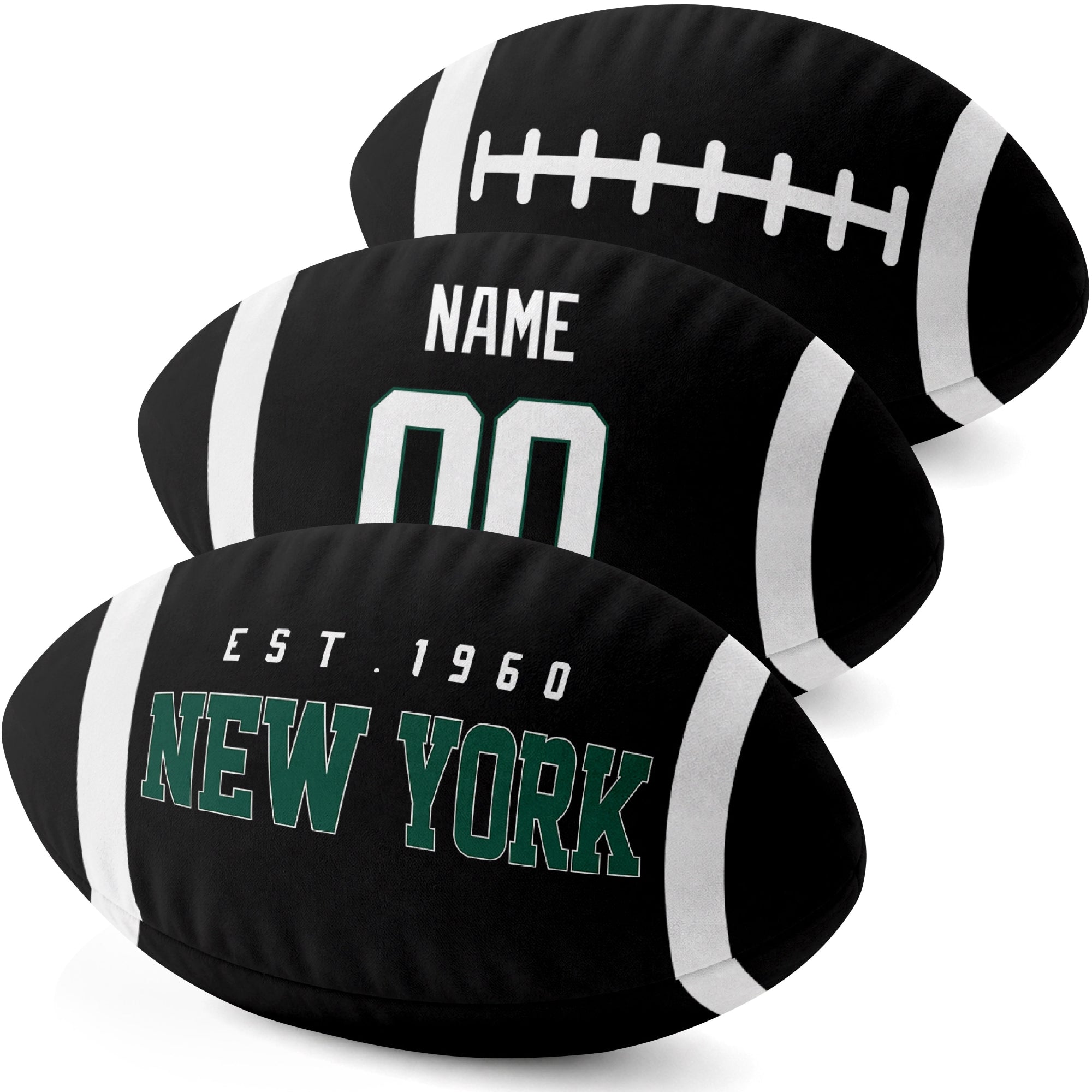 New York Green personalized football pillow three color display highlighting the oval shape and contrasting end stripes