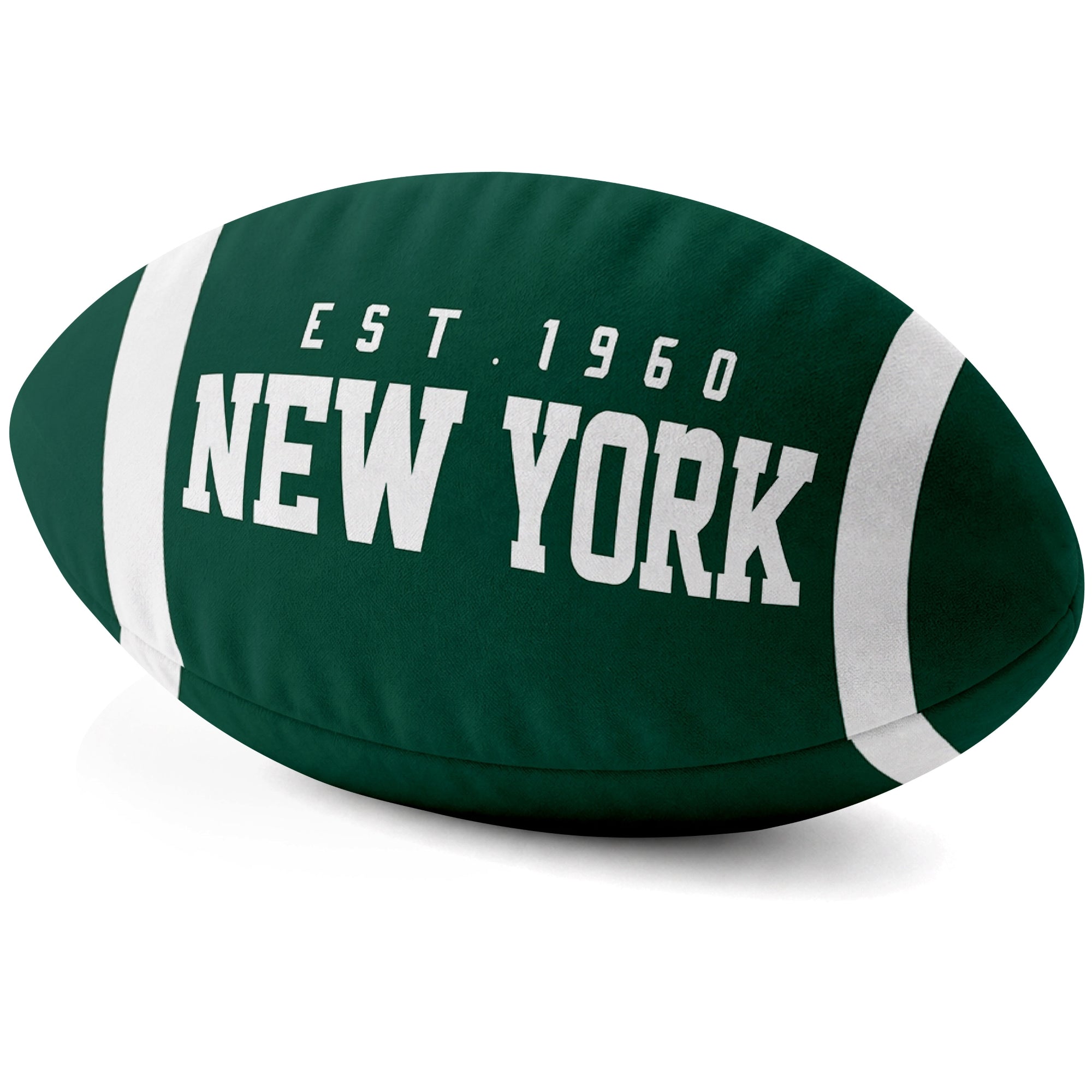 New York Green Green football shaped pillow city lettering side view