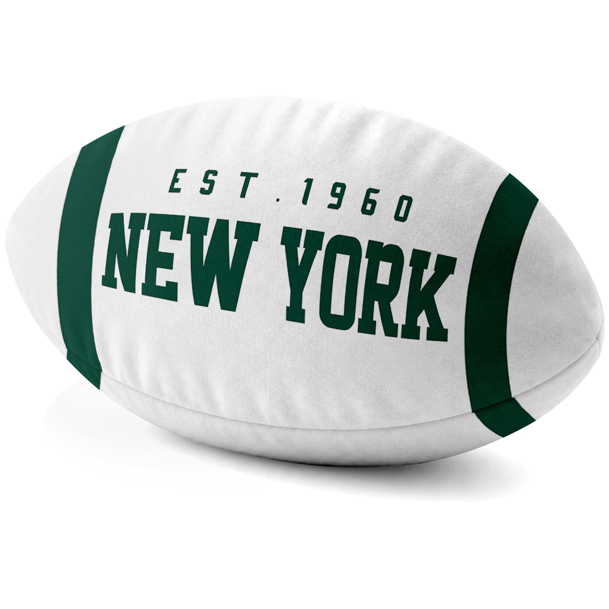 New York Green White football shaped pillow city lettering side view