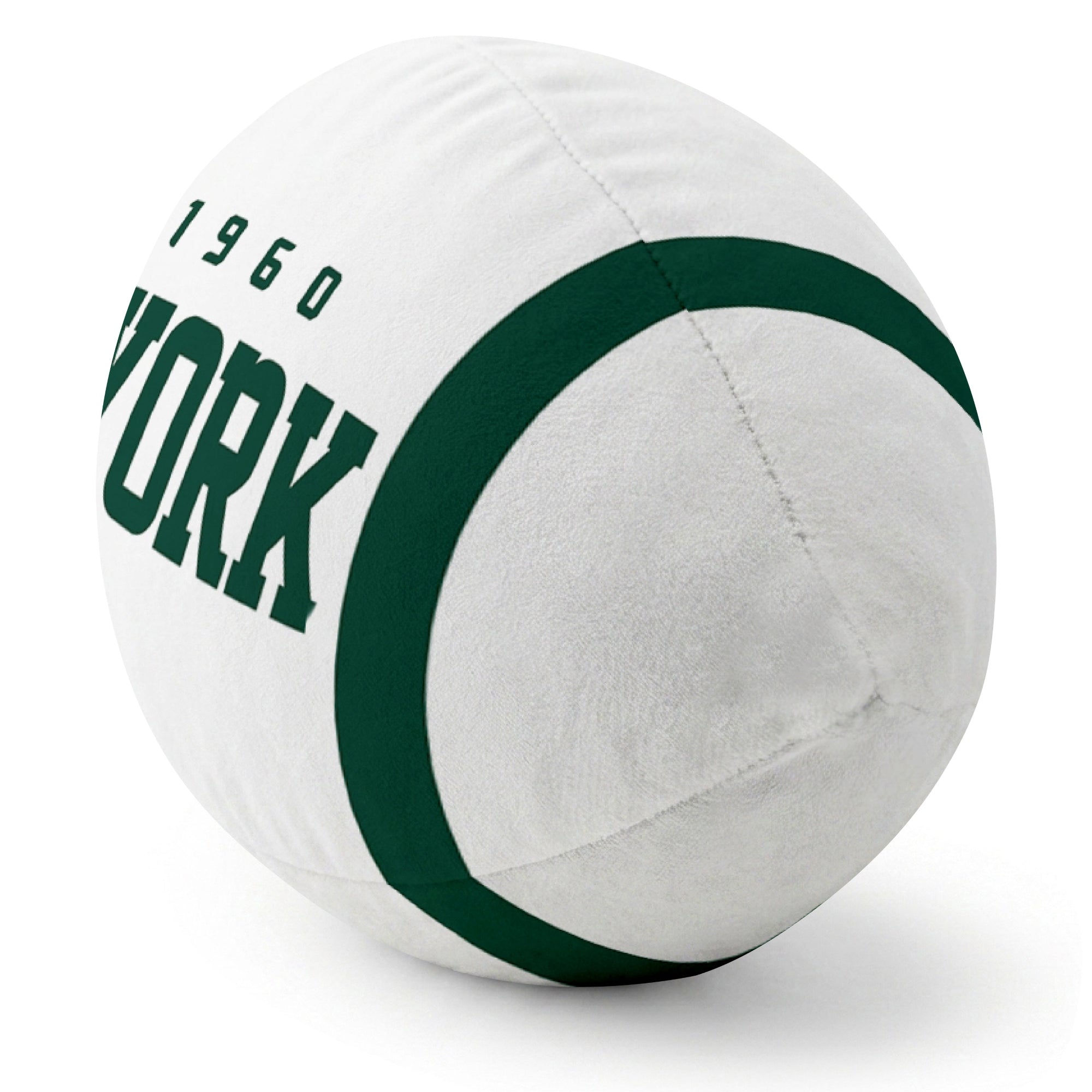 New York Green White football pillow rounded end and seam angle view
