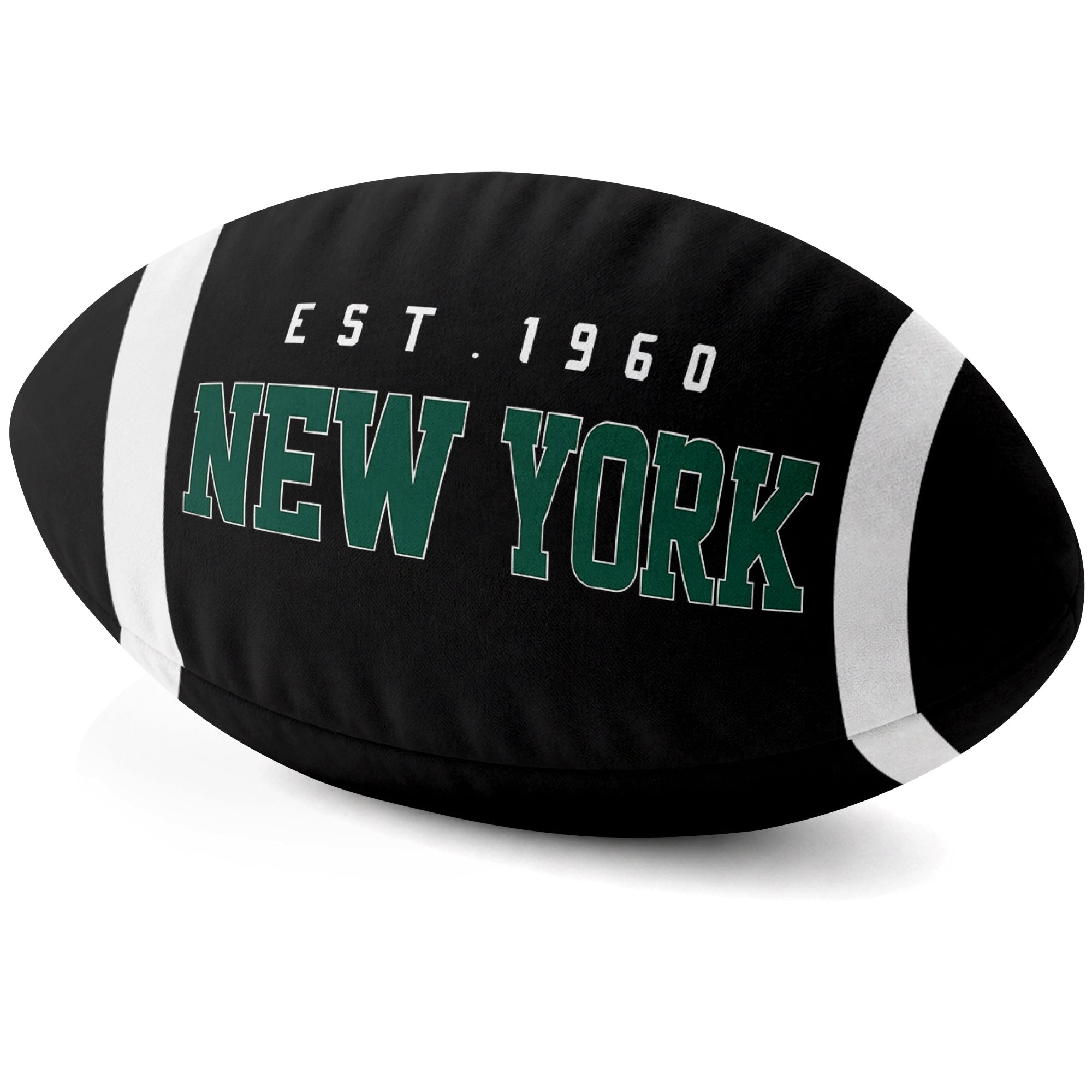 New York Green Black football shaped pillow city lettering side view