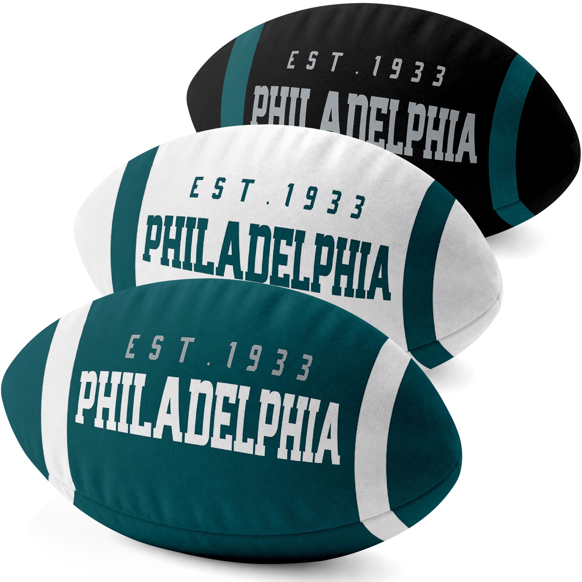 Philadelphia personalized football shaped pillow collection in Midnight Green, White and Black with city lettering