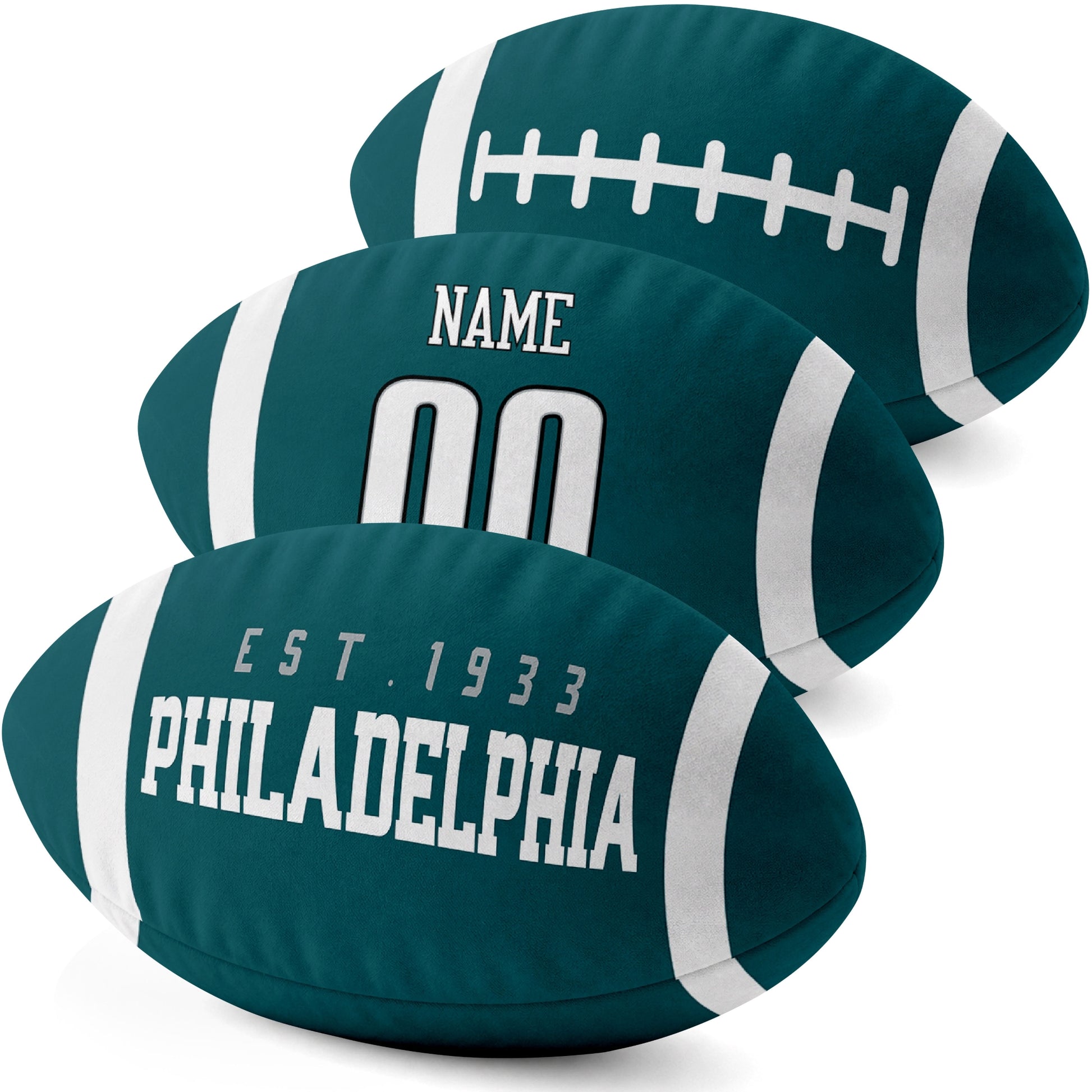 Philadelphia personalized football shaped pillow three color angle display with city side custom name number side and lace detail