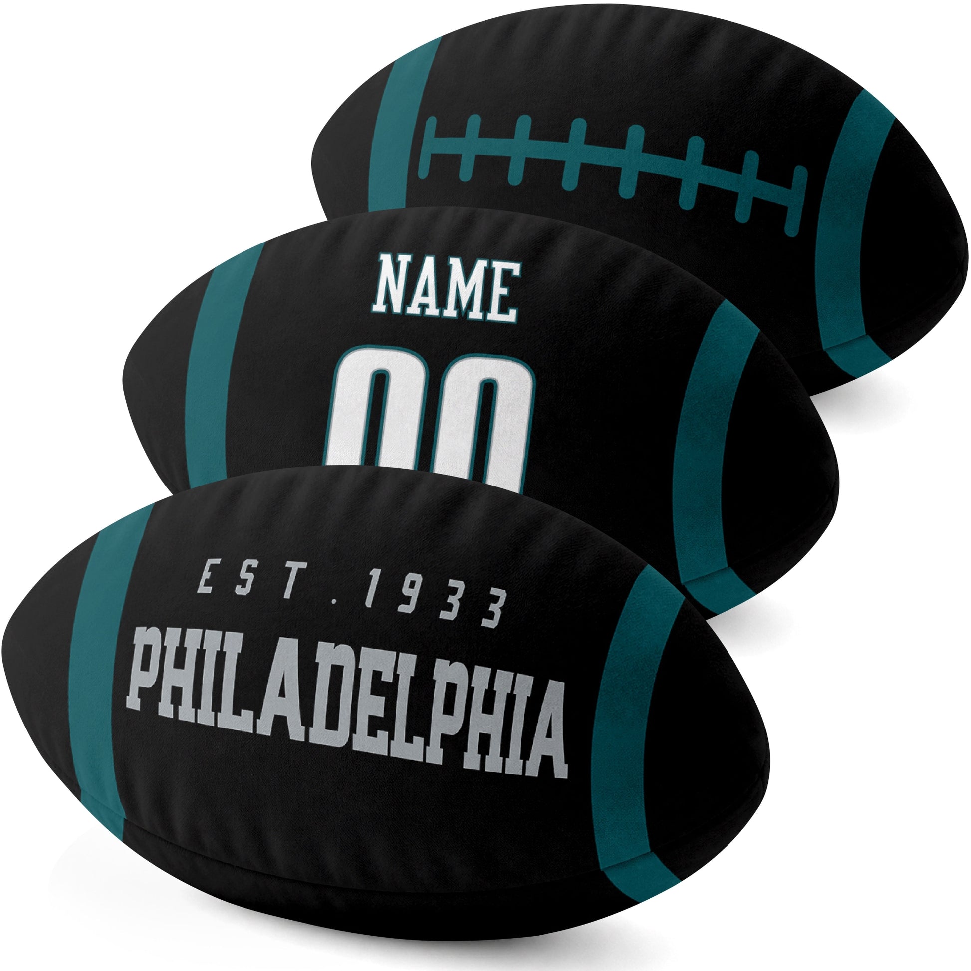 Philadelphia personalized football pillow three color display highlighting the oval shape and contrasting end stripes