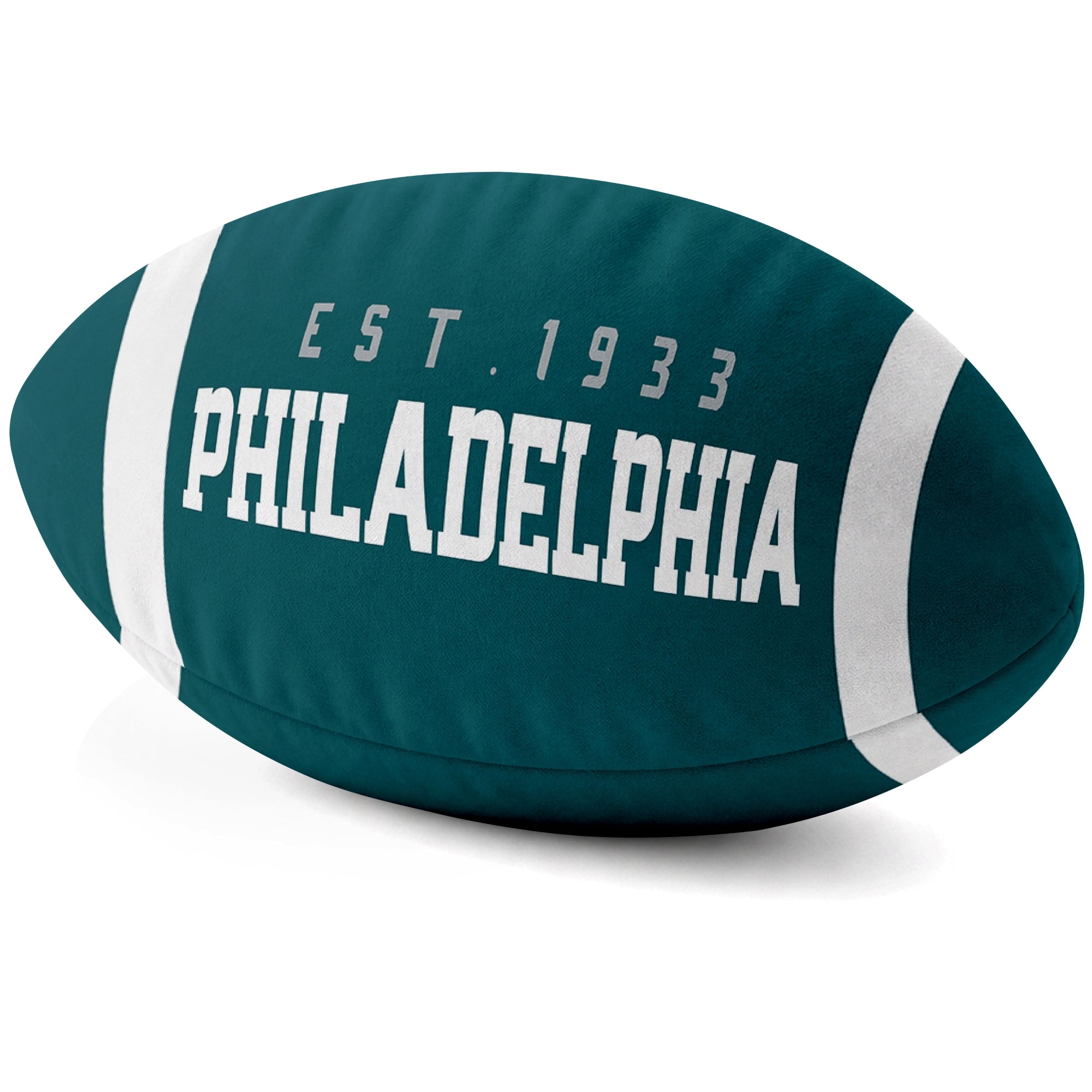Philadelphia Midnight Green football shaped pillow city lettering side view