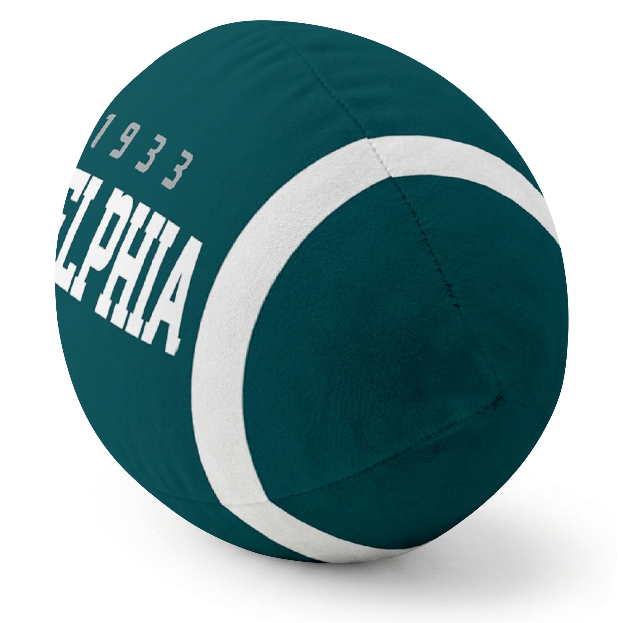 Philadelphia Midnight Green football pillow rounded end and seam angle view