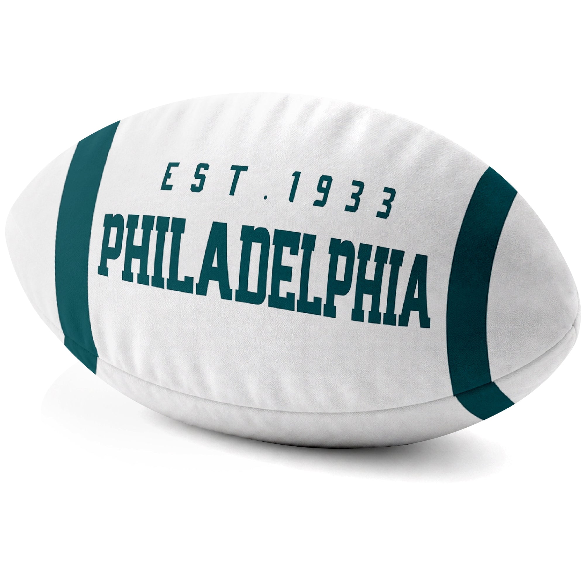 Philadelphia White football shaped pillow city lettering side view