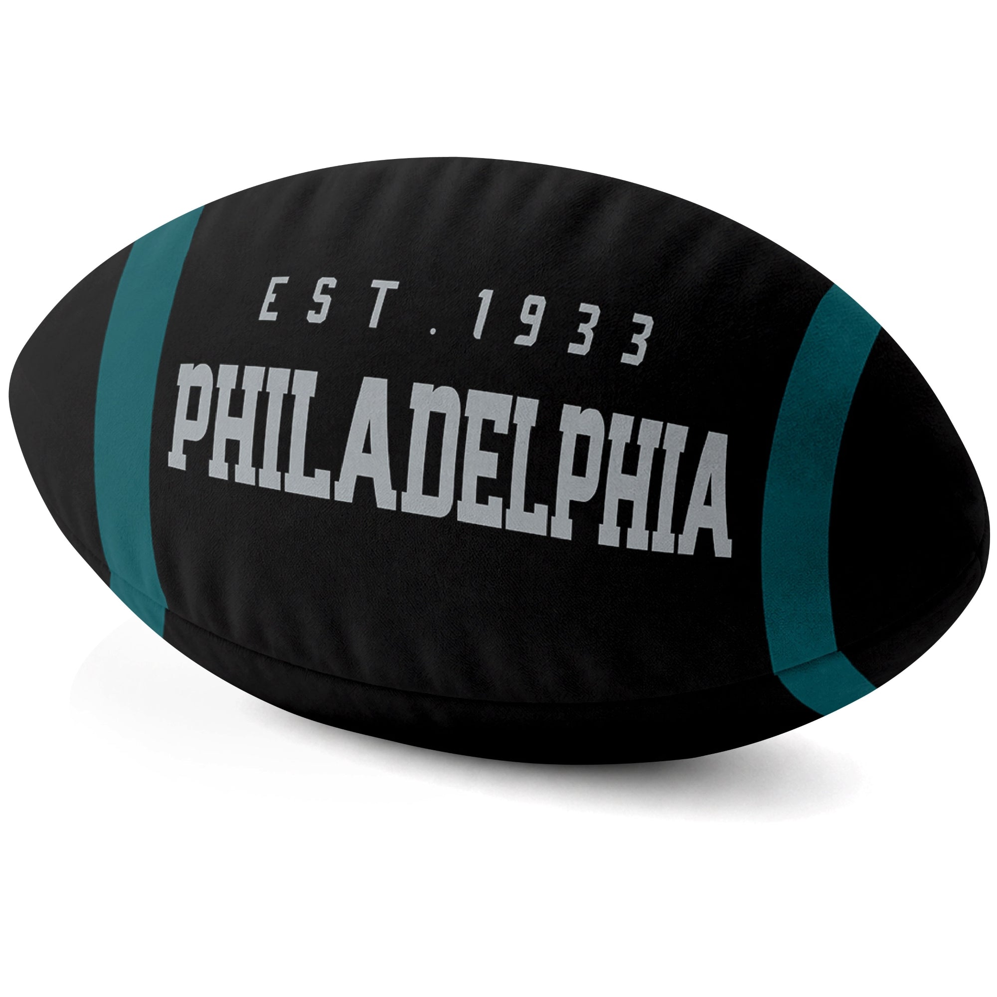 Philadelphia Black football shaped pillow city lettering side view