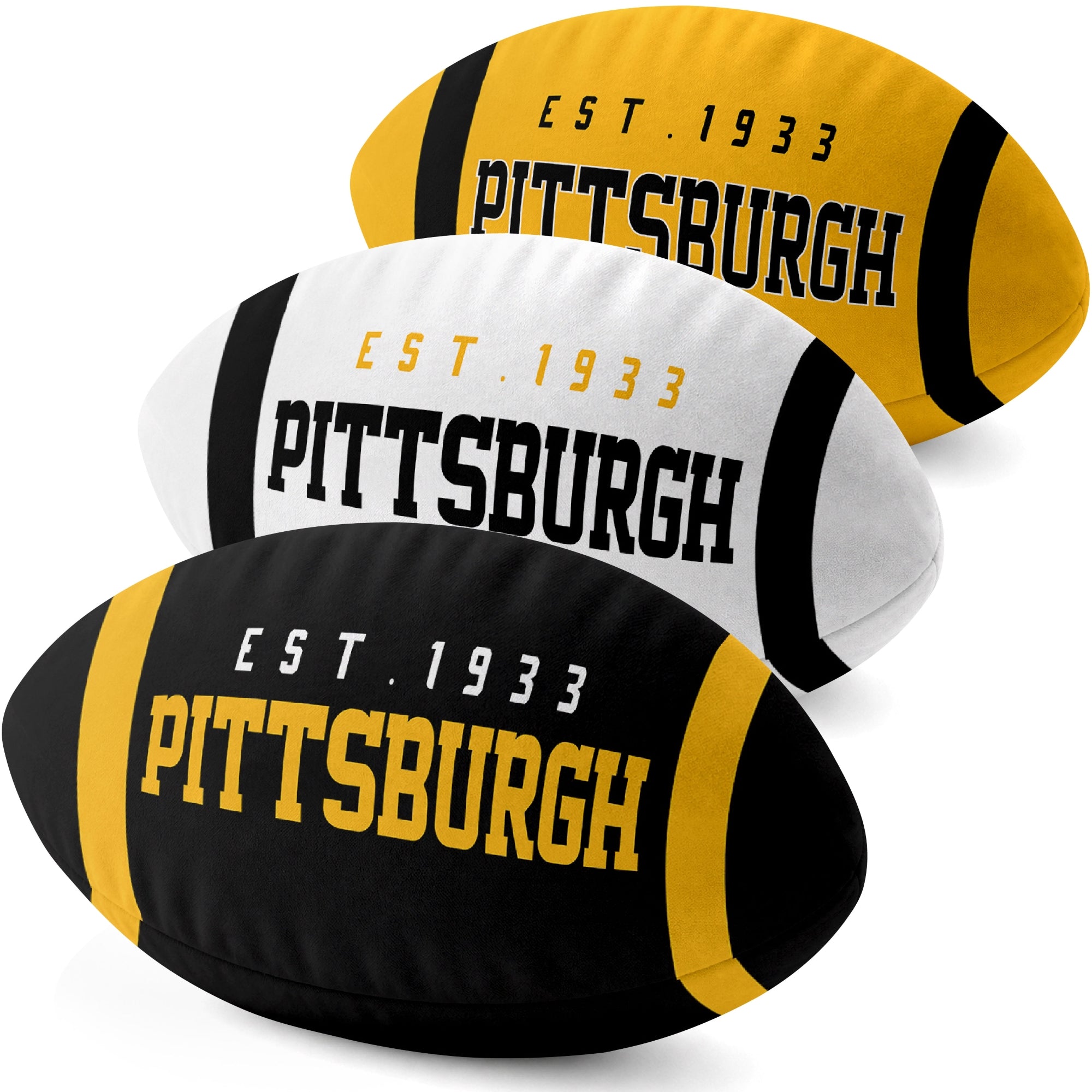 Pittsburgh personalized football shaped pillow collection in Black, White and Gold with city lettering
