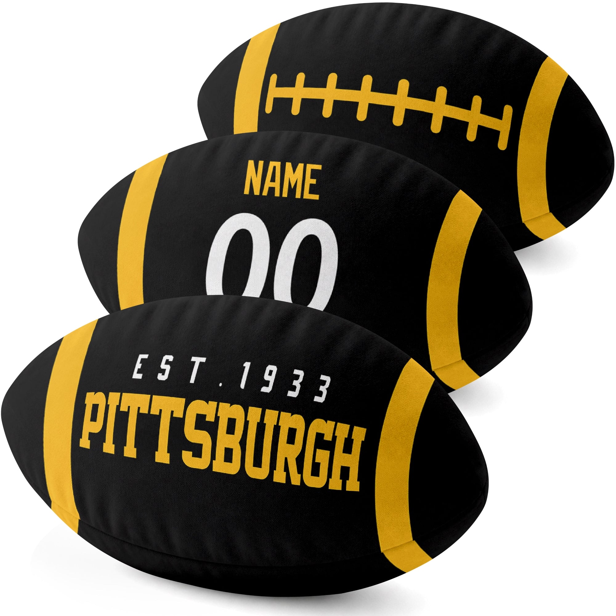 Pittsburgh personalized football shaped pillow three color angle display with city side custom name number side and lace detail