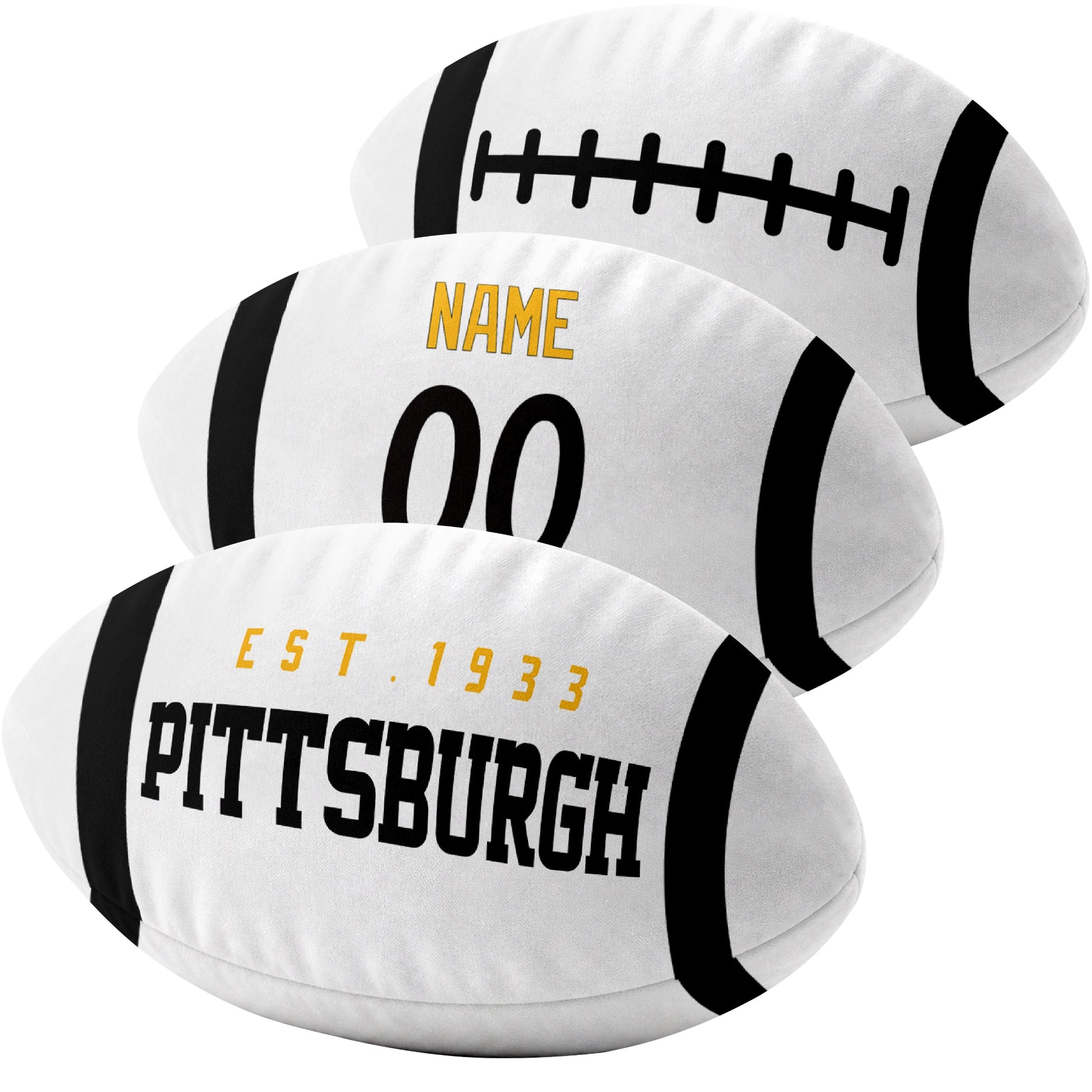 Pittsburgh custom football pillow multi angle comparison in Black, White and Gold