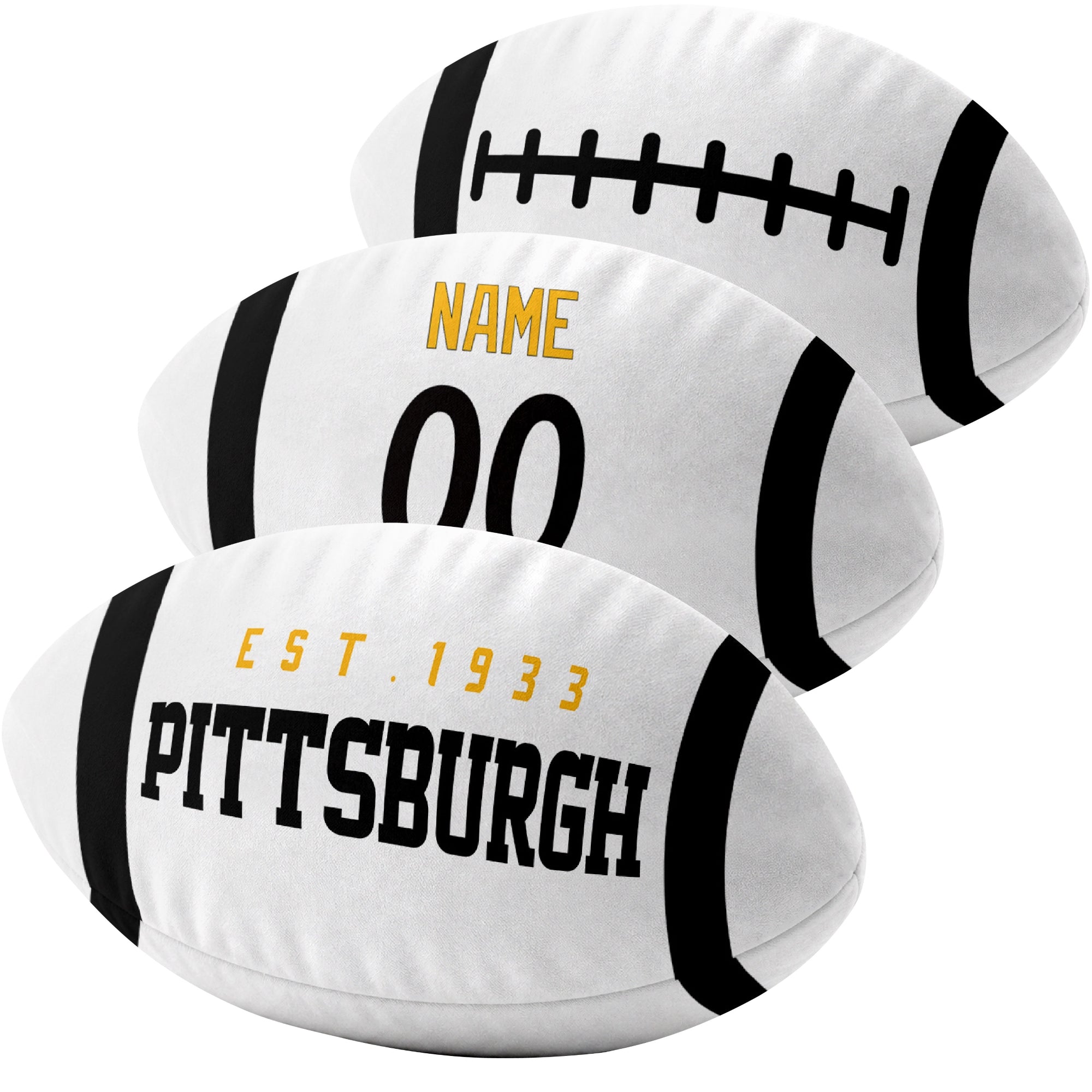 Pittsburgh custom football pillow multi angle comparison in Black, White and Gold