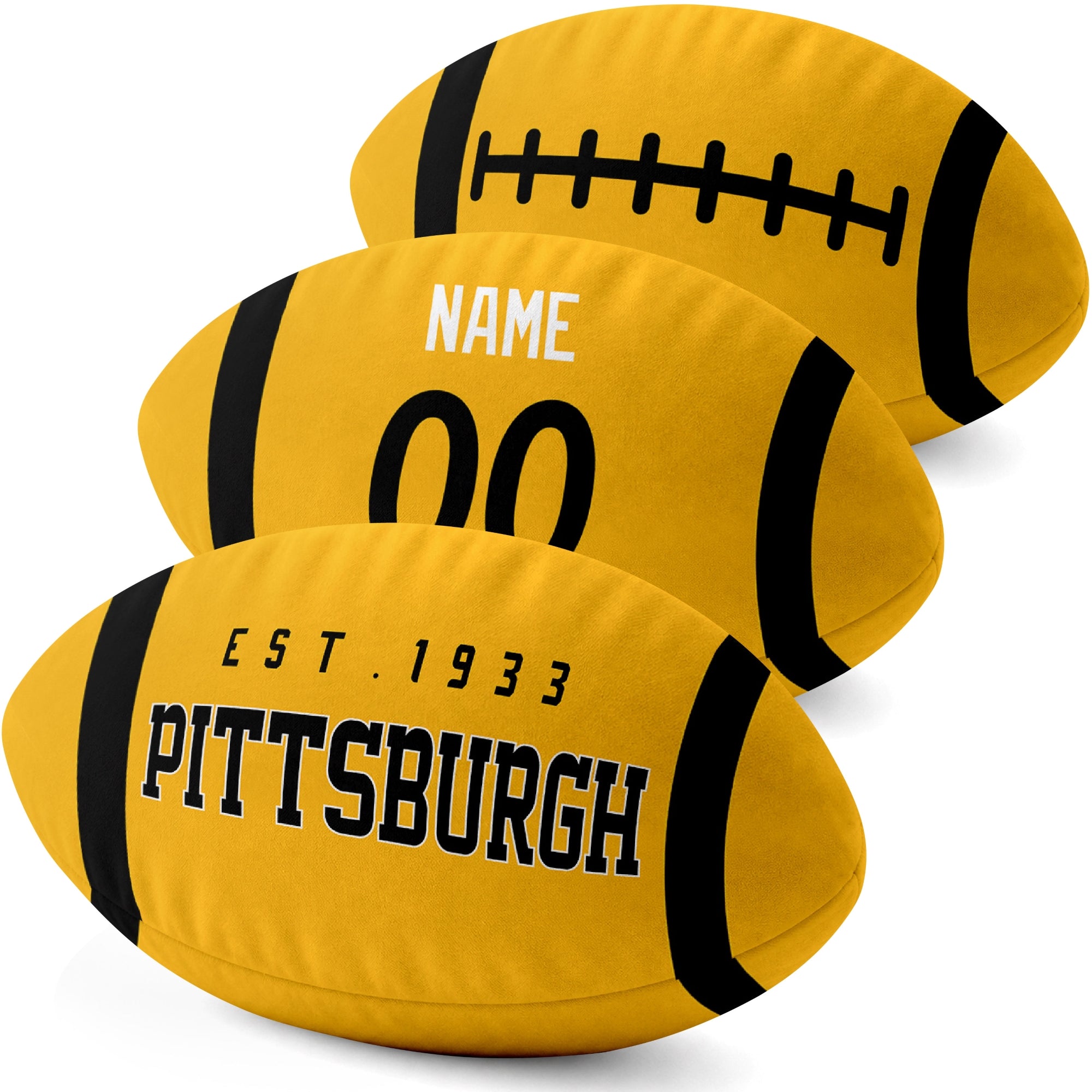 Pittsburgh personalized football pillow three color display highlighting the oval shape and contrasting end stripes