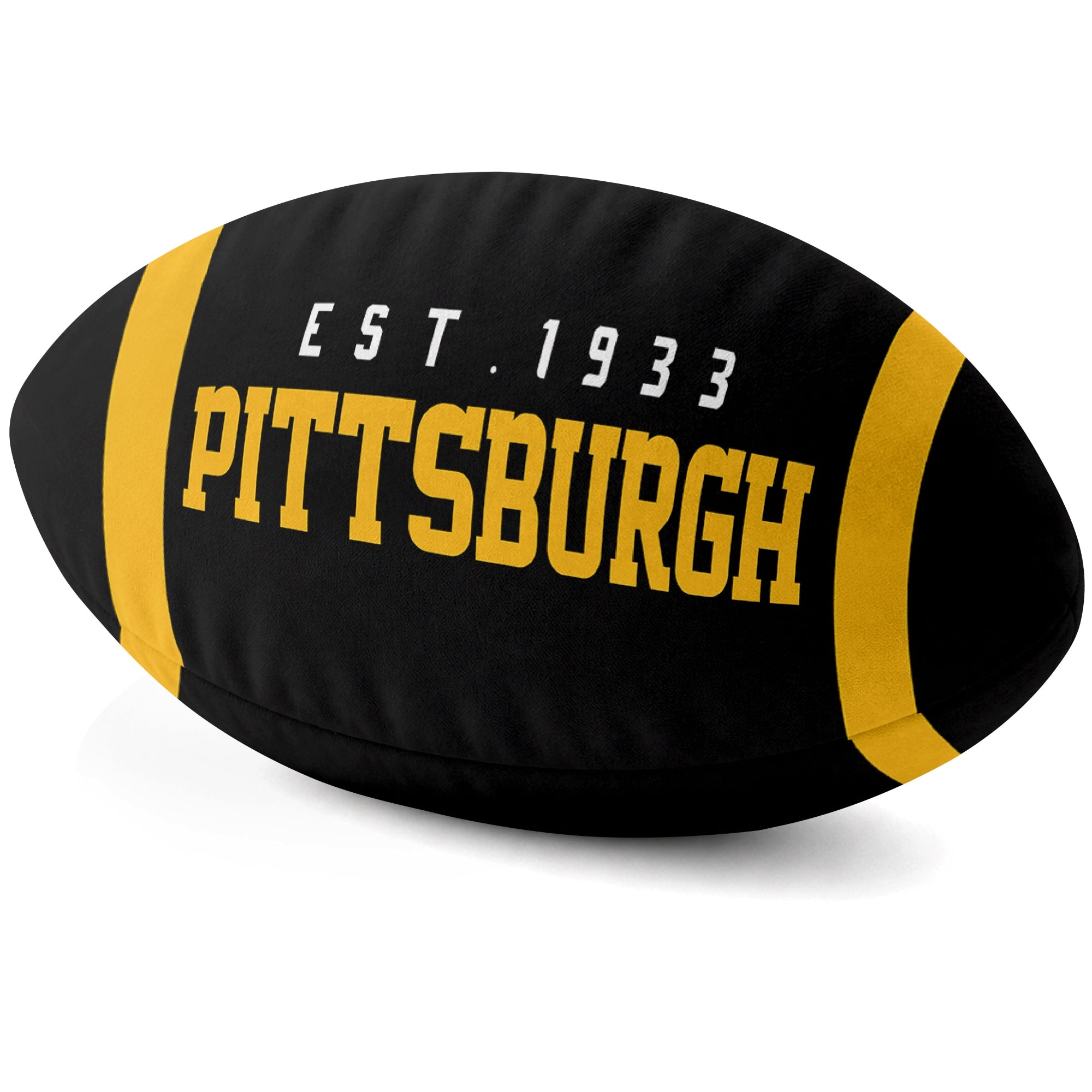 Pittsburgh Black football shaped pillow city lettering side view