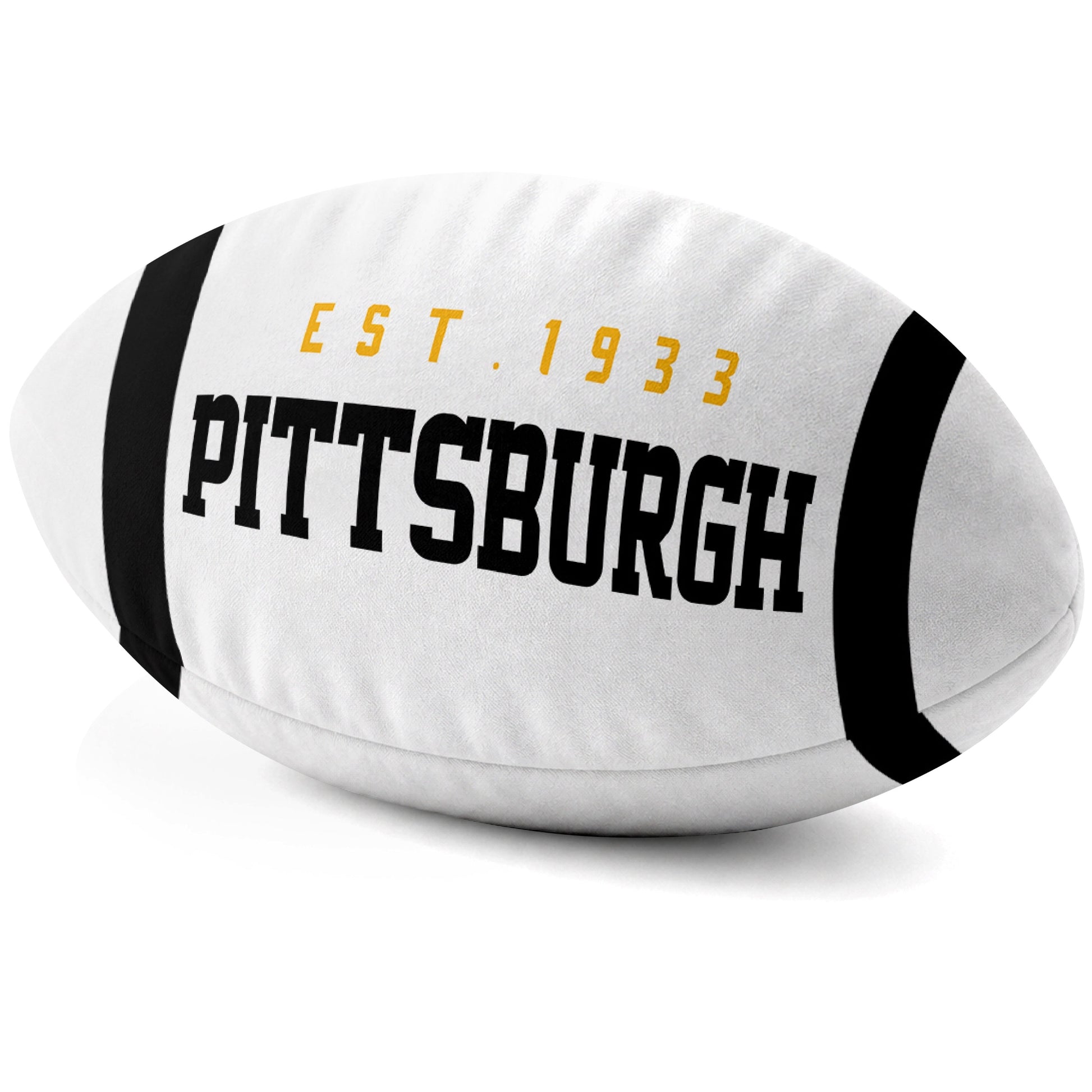 Pittsburgh White football shaped pillow city lettering side view