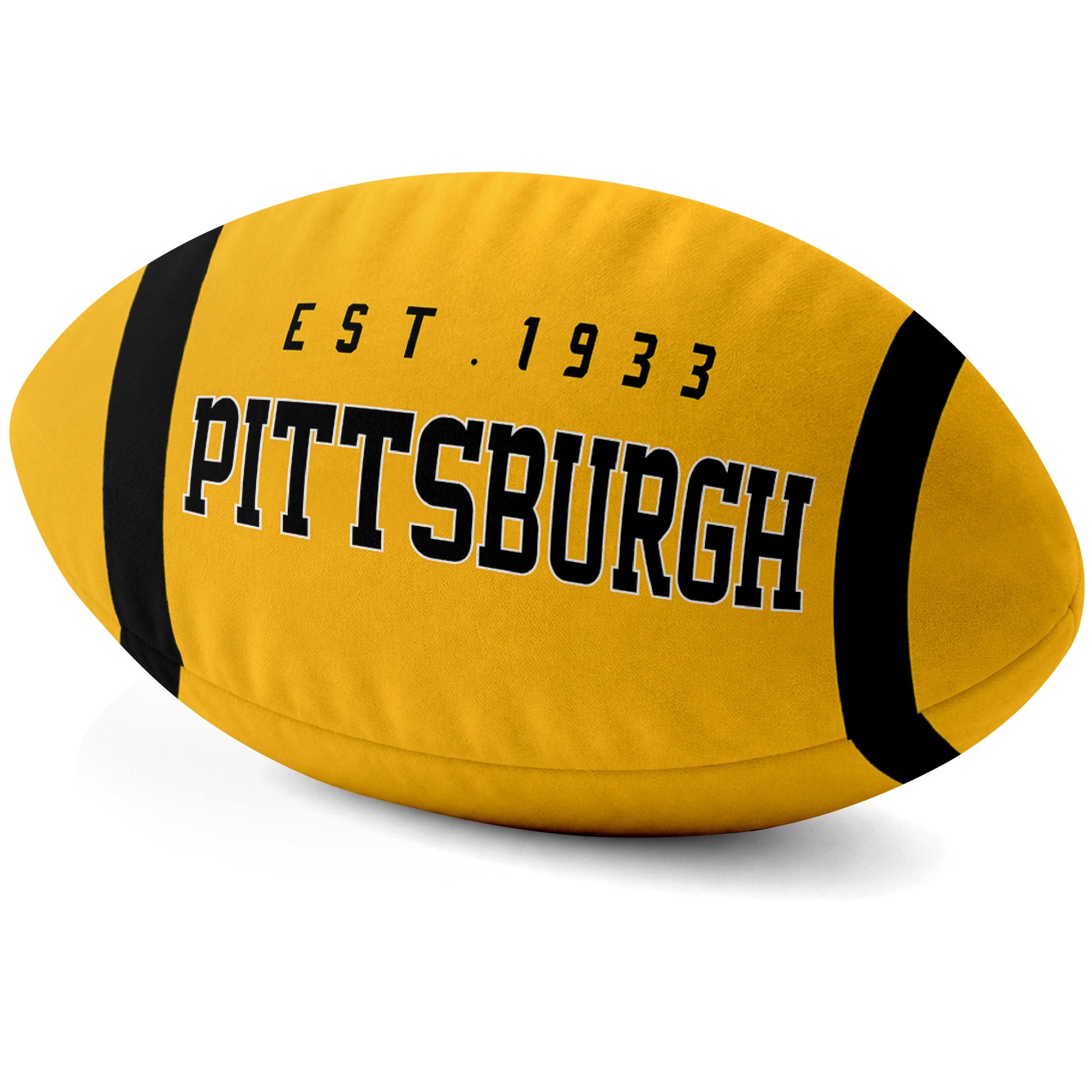 Pittsburgh Gold football shaped pillow city lettering side view