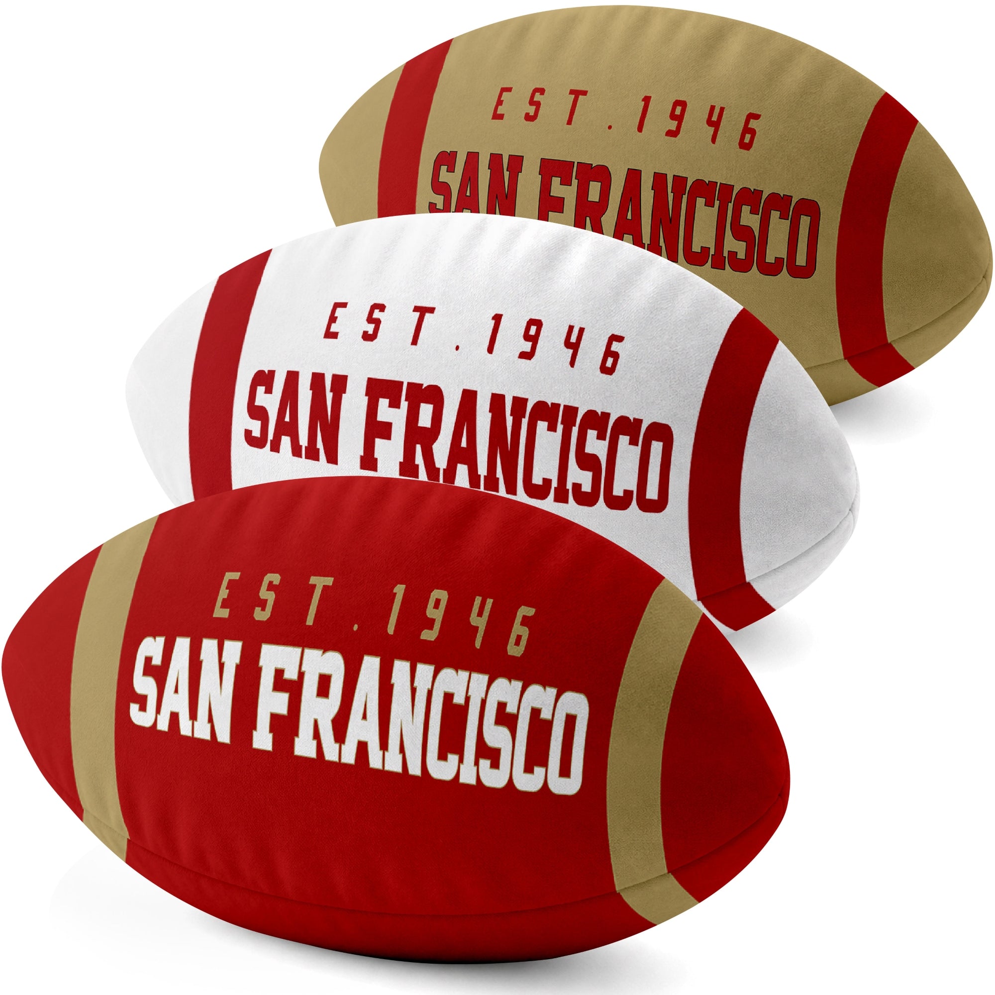 San Francisco personalized football shaped pillow collection in Scarlet, White and Gold with city lettering