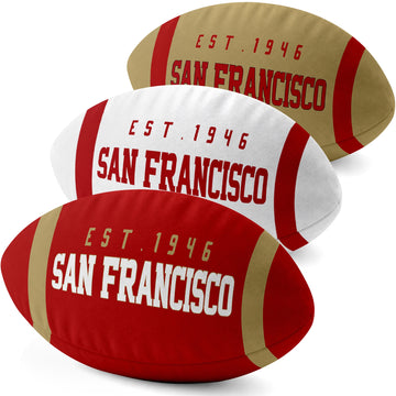 San Francisco personalized football shaped pillow collection in Scarlet, White and Gold with city lettering