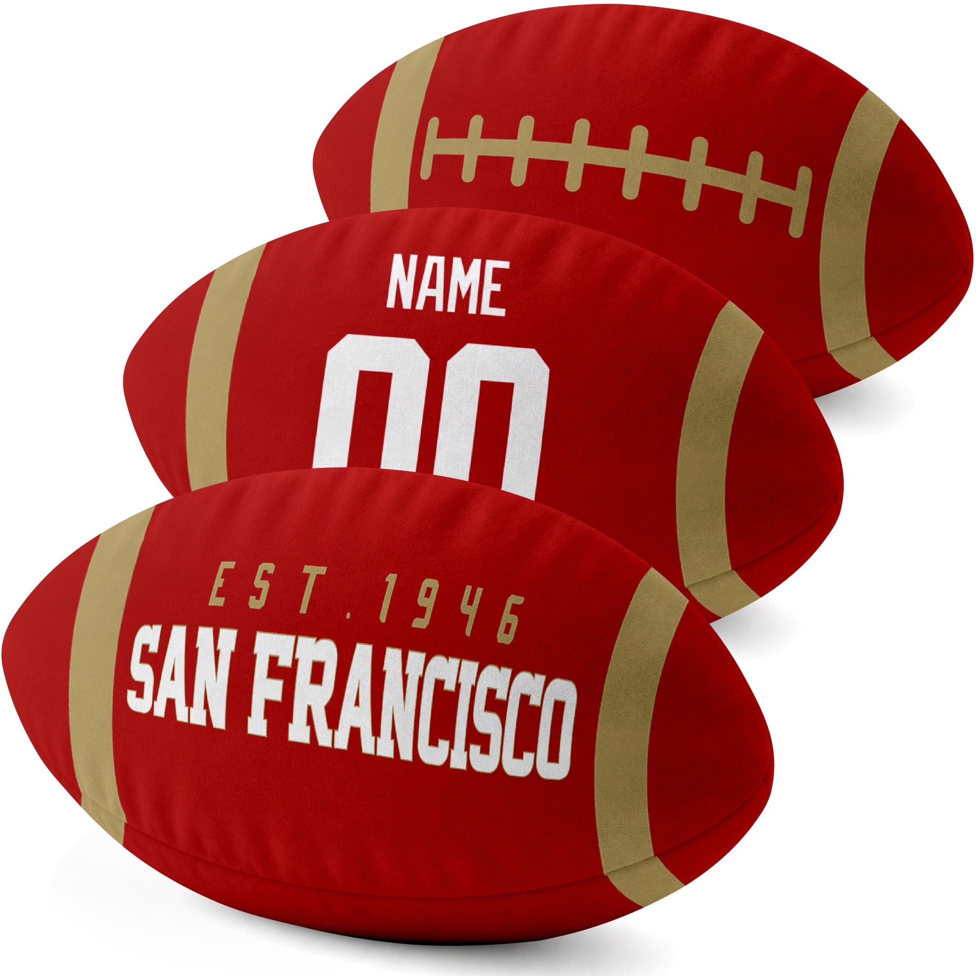 San Francisco personalized football shaped pillow three color angle display with city side custom name number side and lace detail