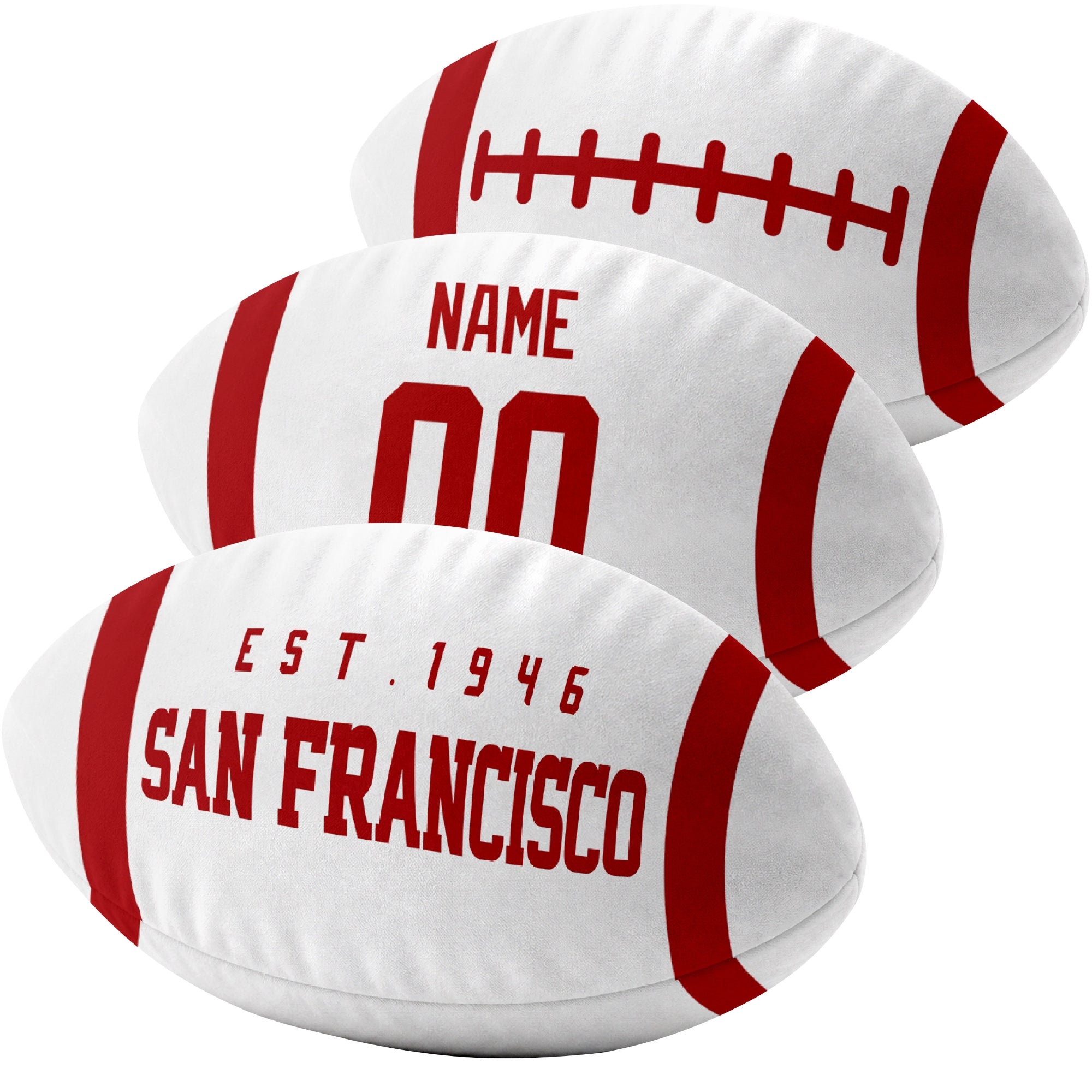 San Francisco custom football pillow multi angle comparison in Scarlet, White and Gold