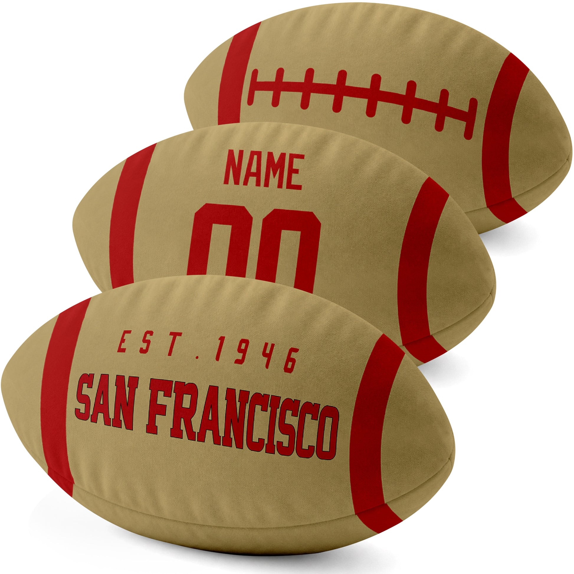 San Francisco personalized football pillow three color display highlighting the oval shape and contrasting end stripes